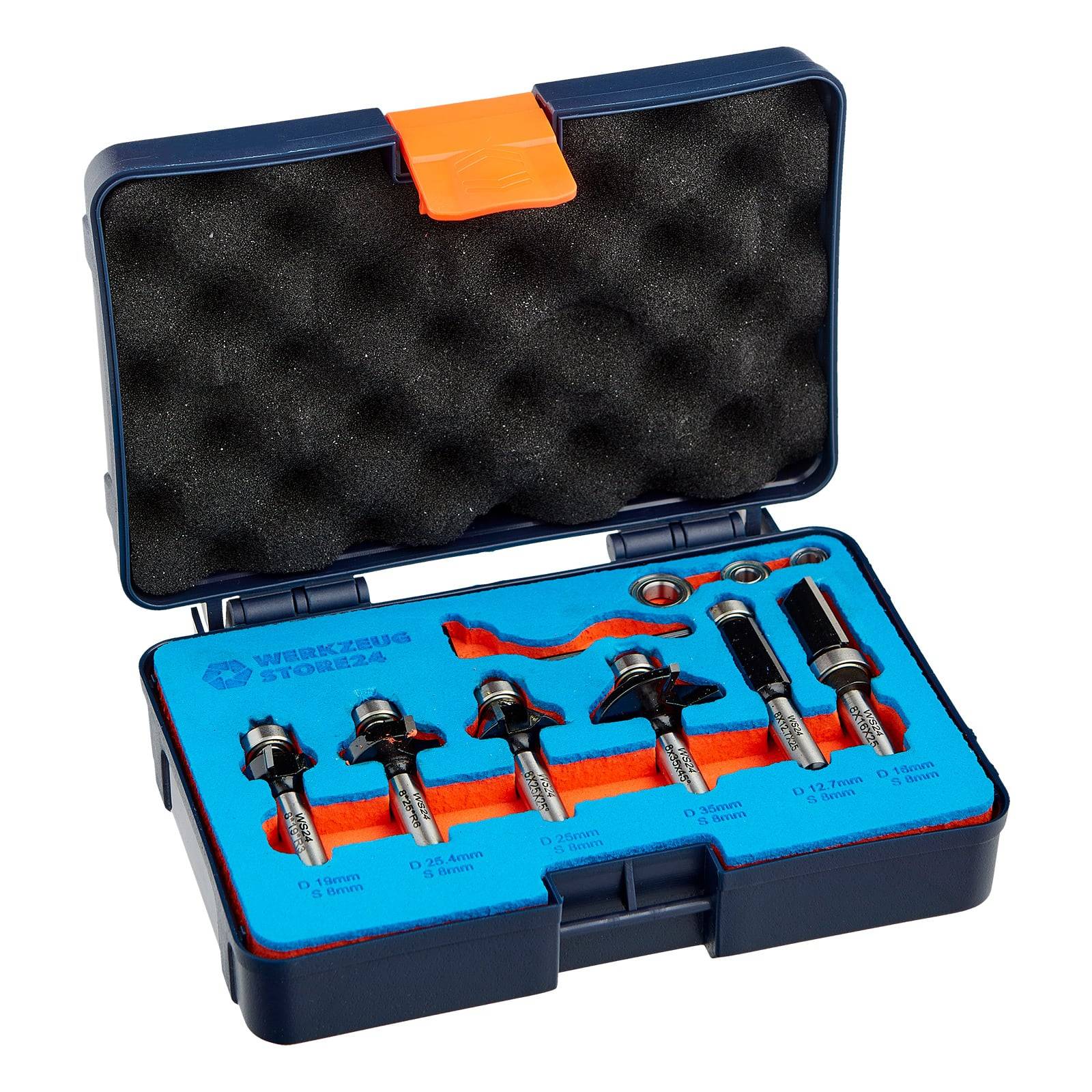 Koffer mit verschiedenen Größen Bohrern und Zubehör mit gepolstertem Innenraum.
