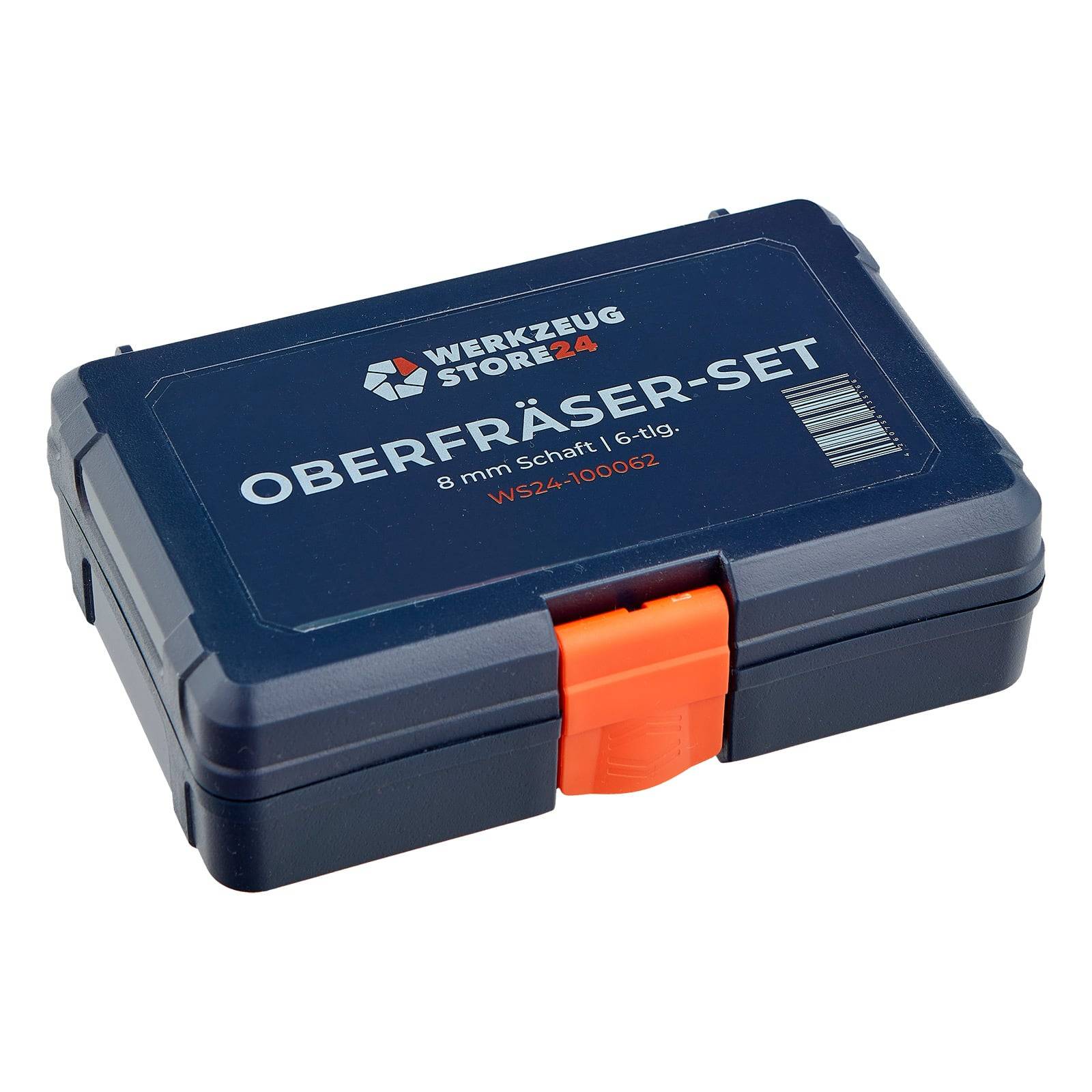 Ein blau-orangefarbener Koffer mit der Beschriftung 'Werkzeug Store24 Oberfräser-Set, 8 mm Schaft, 6-tlg, WS24-100603', der zur Aufbewahrung von Fräsersätzen verwendet wird.