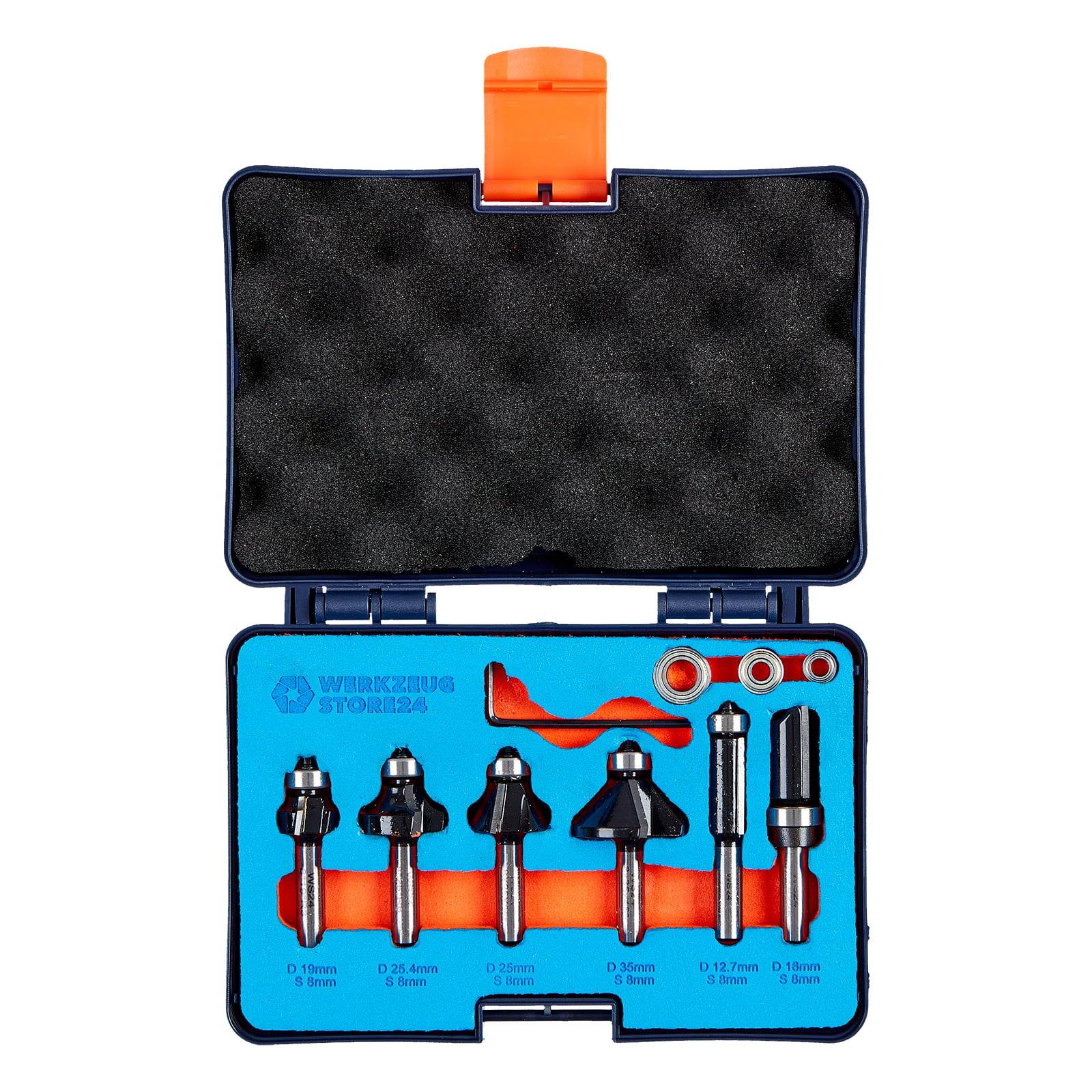 Werkzeugset mit sechs Bohrern in einem blau-orangenen Koffer, mit Größenangaben von 6 mm bis 16 mm, angeordnet in einer schaumstoffausgeschlagenen Innenseite.