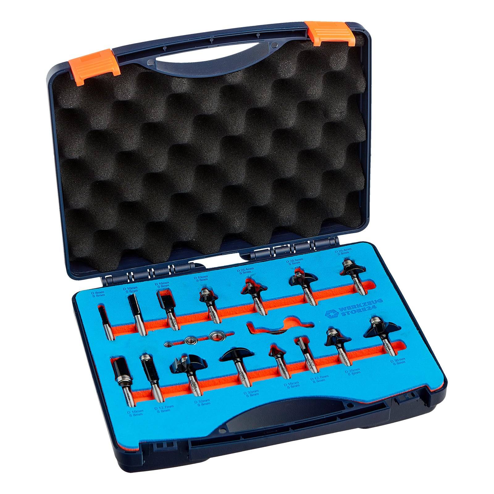 „Ein blau-orangefarbener Werkzeugkoffer, geöffnet und mit mehreren Fräsbohrern, die sorgfältig in Schaumstoffpolsterung angeordnet sind und für Holzbearbeitungsanwendungen konzipiert sind.