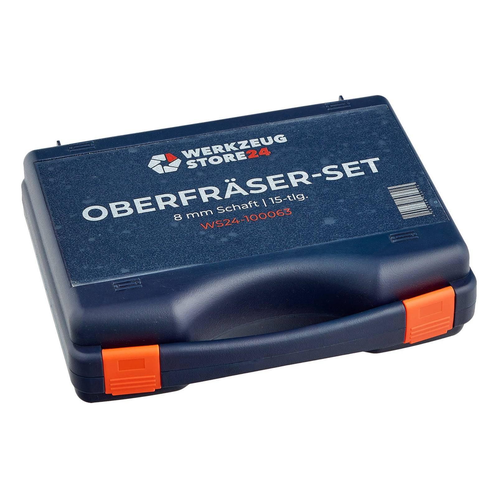 Ein blauer Werkzeugkoffer mit der Aufschrift 'Werkzeug Store 24 Oberfräser-Set 8 mm Schaft 15-tlg.' mit einem 8-mm-Schaft, 15-teiliges Set.