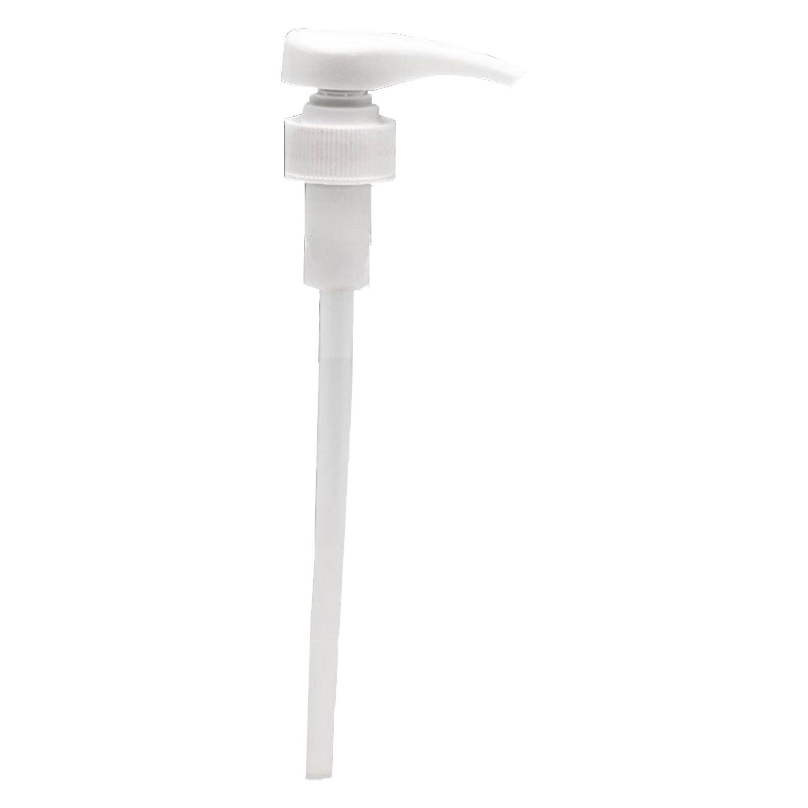 Ein weißer Plastik-Pumpspender mit geripptem Verschluss und langem Eintauchrohr, üblicherweise für Flaschen mit Flüssigprodukten verwendet.