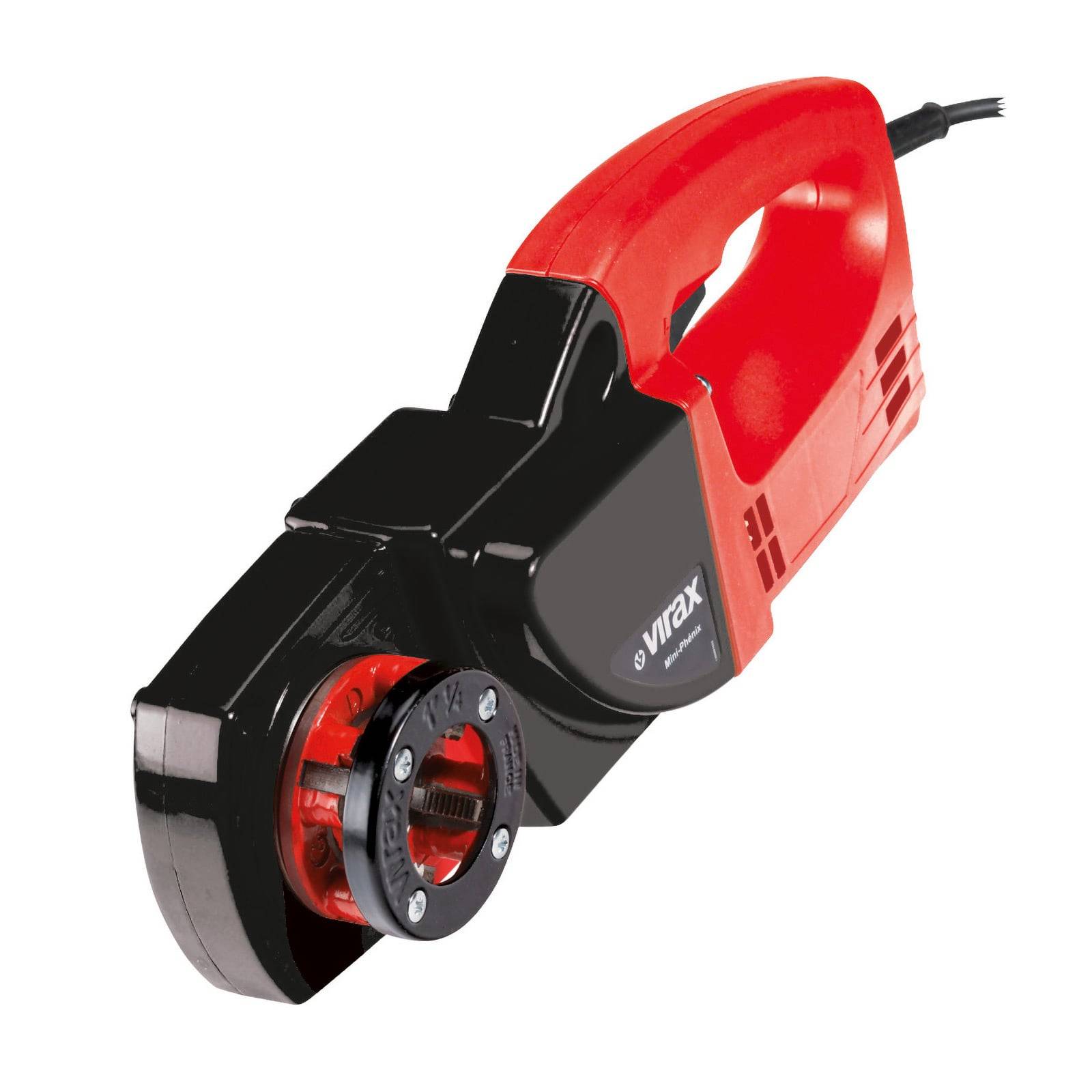 Ein mit der Marke 'Vitax' gekennzeichneter rot-schwarzer, handgehaltener elektrischer Gewindeschneider mit Kabel, ausgestattet mit einer kreisförmigen Metallgewindeschneidkomponente.