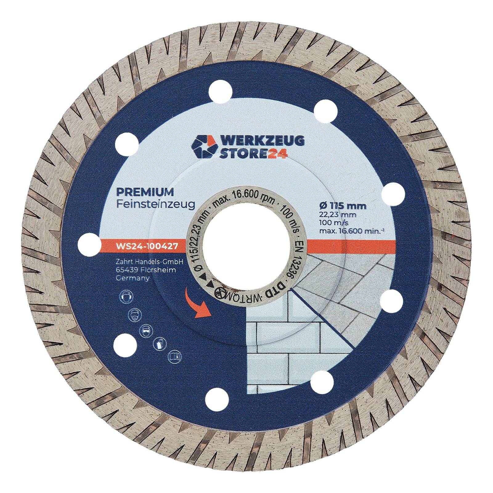 Eine blaue und silberne kreisförmige Schneidscheibe mit der Beschriftung Premium Feinsteinzeug, die Spezifikationen zum Fliesenschneiden zeigt, mit Markierung und Kontaktinformationen.