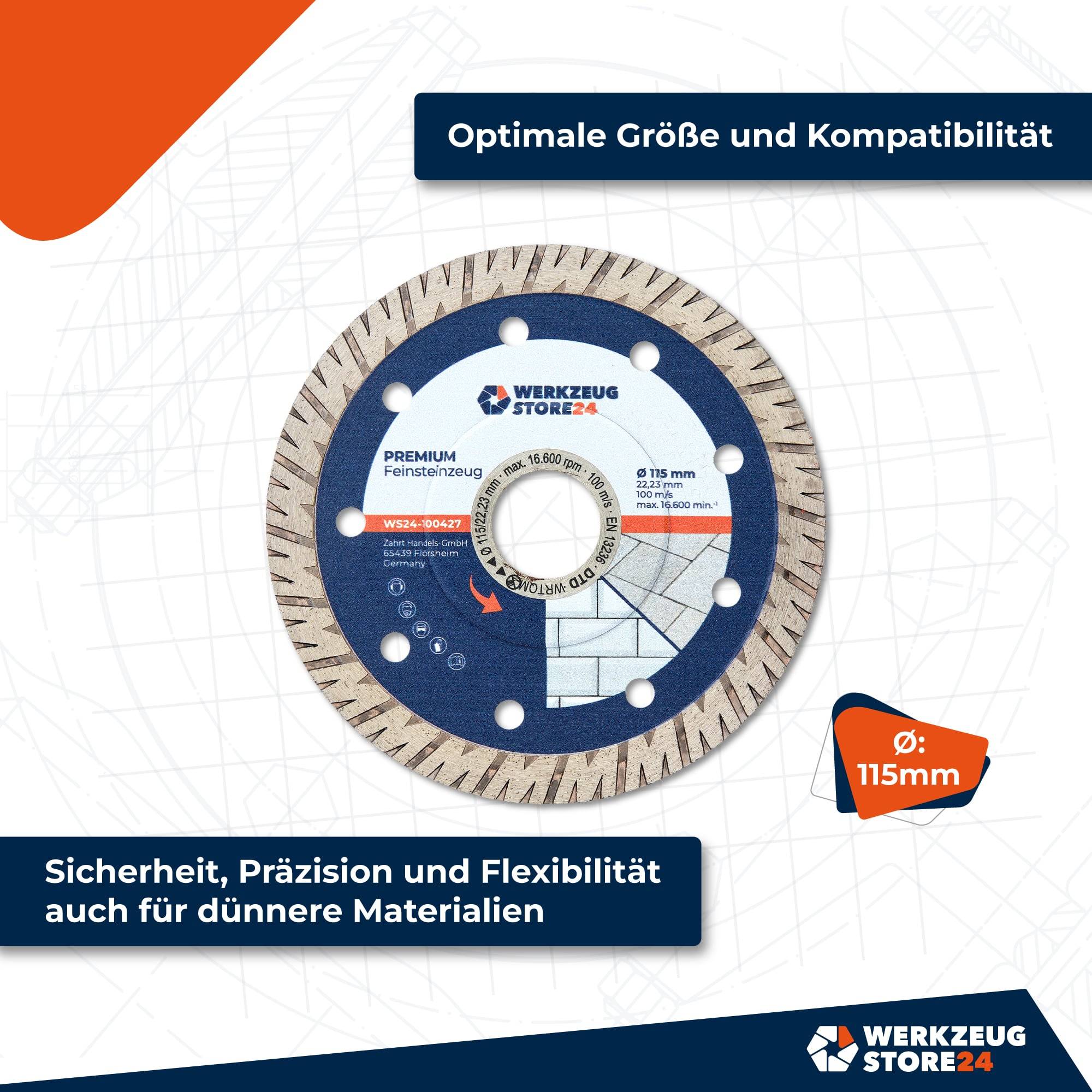 Eine Kreissägeblatt mit Text: Sicherheit, Präzision und Flexibilität auch für dünnere Materialien. Optimale Größe und Kompatibilität.