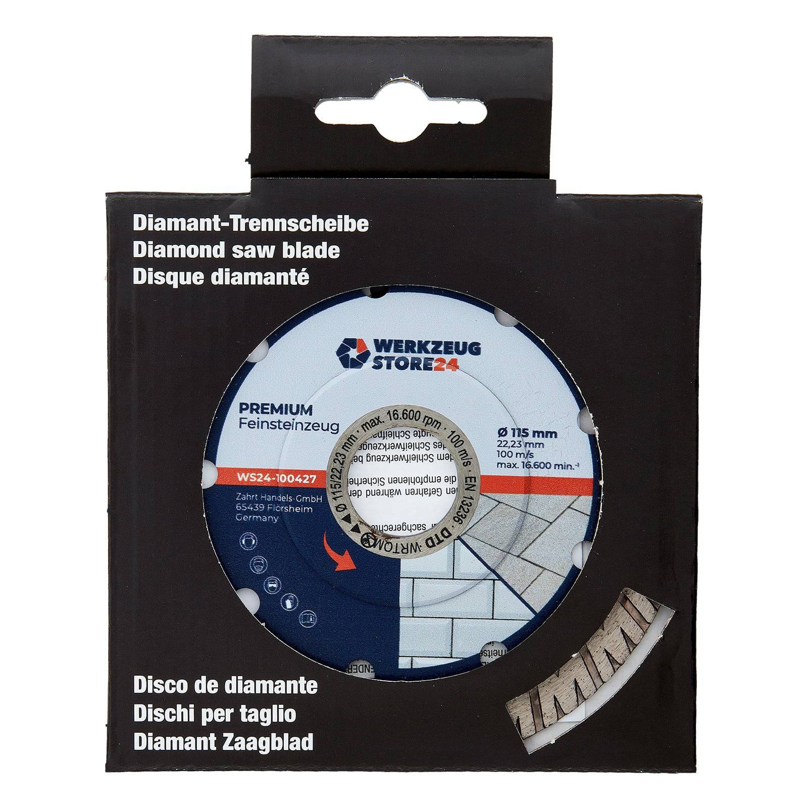 Verpackung einer Diamantsägeblatt mit mehrsprachigen Etiketten, die das Sägeblatt mit Angaben zur Größe und geeigneten Materialien zum Schneiden zeigt.