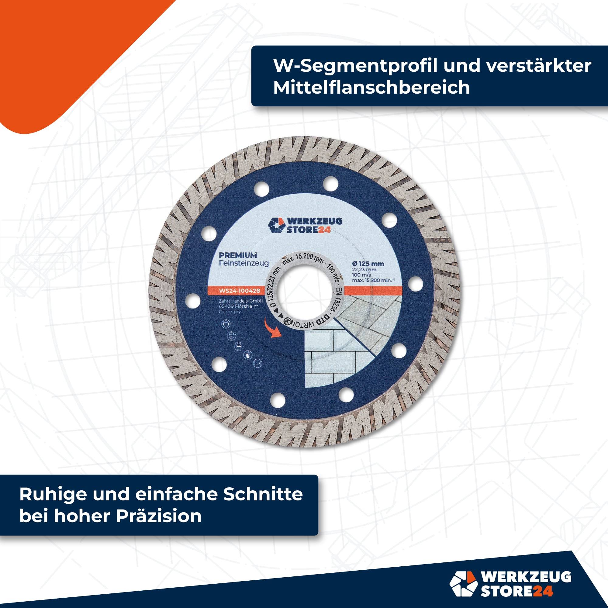 Ein Kreissägeblatt mit dem Text 'Ruhige und präzise Schnitte bei hoher Genauigkeit' und 'W-Segmentprofil und verstärkter Mittelflanschbereich'.