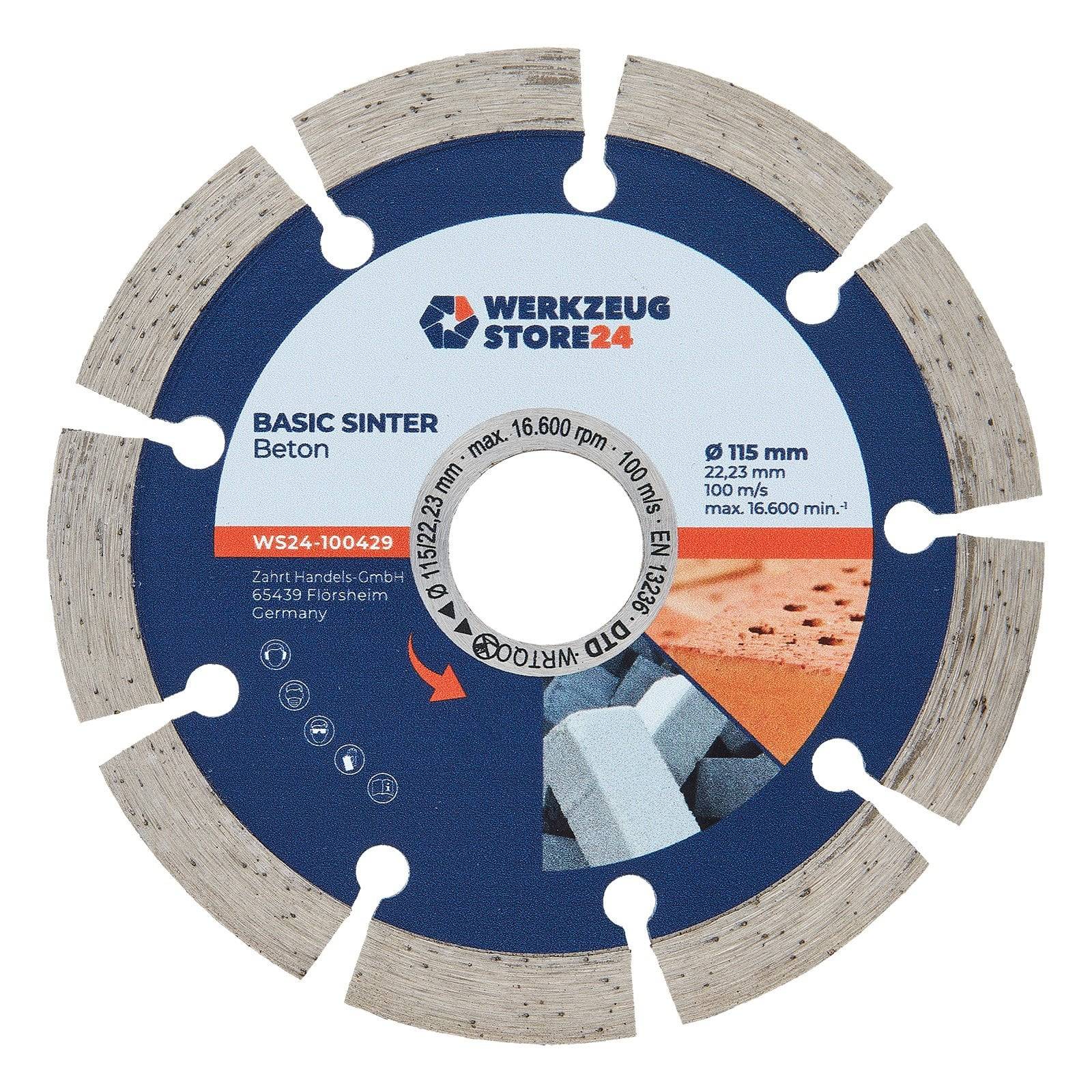 Kreissägeblatt zum Schneiden von Beton, beschriftet als 'Basic Sinter Beton' von Werkzeug Store24. Merkmale umfassen Abmessungen und maximale Umdrehungszahl.