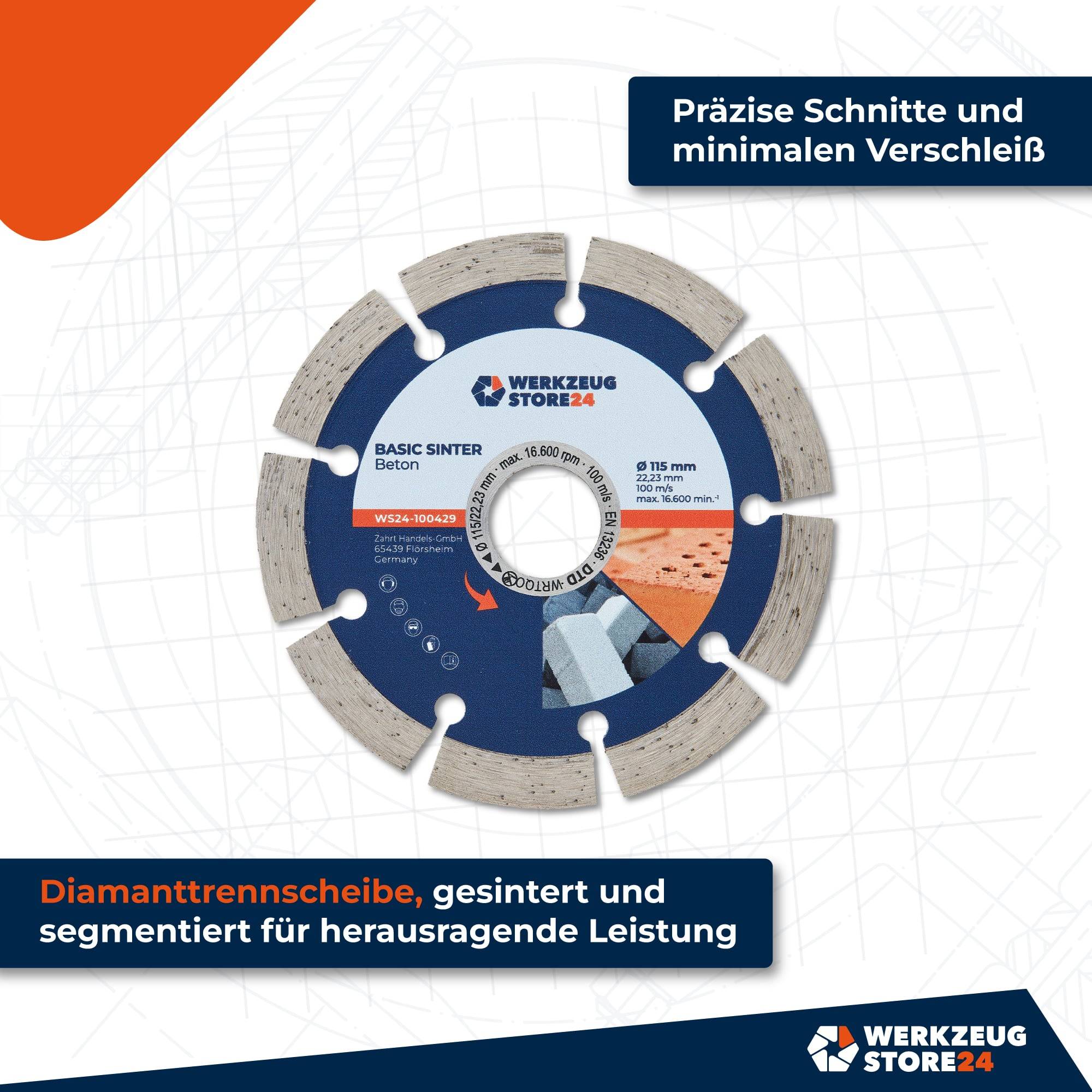 Diamanttrennscheibe, gesintert und segmentiert für herausragende Leistung.