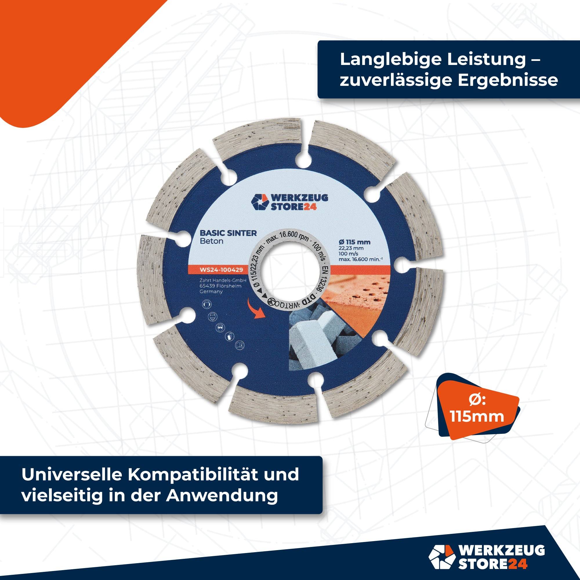 Eine segmentierte Diamantscheibe mit der Markierung 'Werkzeug Store 24' wird präsentiert. Der Text hebt ihre Haltbarkeit und universelle Kompatibilität hervor.