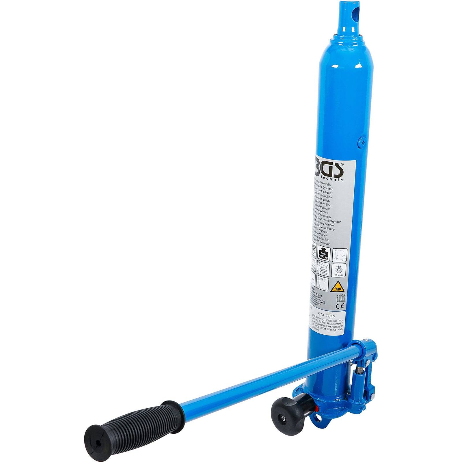 Ein blauer hydraulischer Flaschenwagenheber mit einem langen Griff, auf dessen Seite Sicherheitshinweise und Bedienungsanleitung angebracht sind, der zum Anheben schwerer Gegenstände verwendet wird.