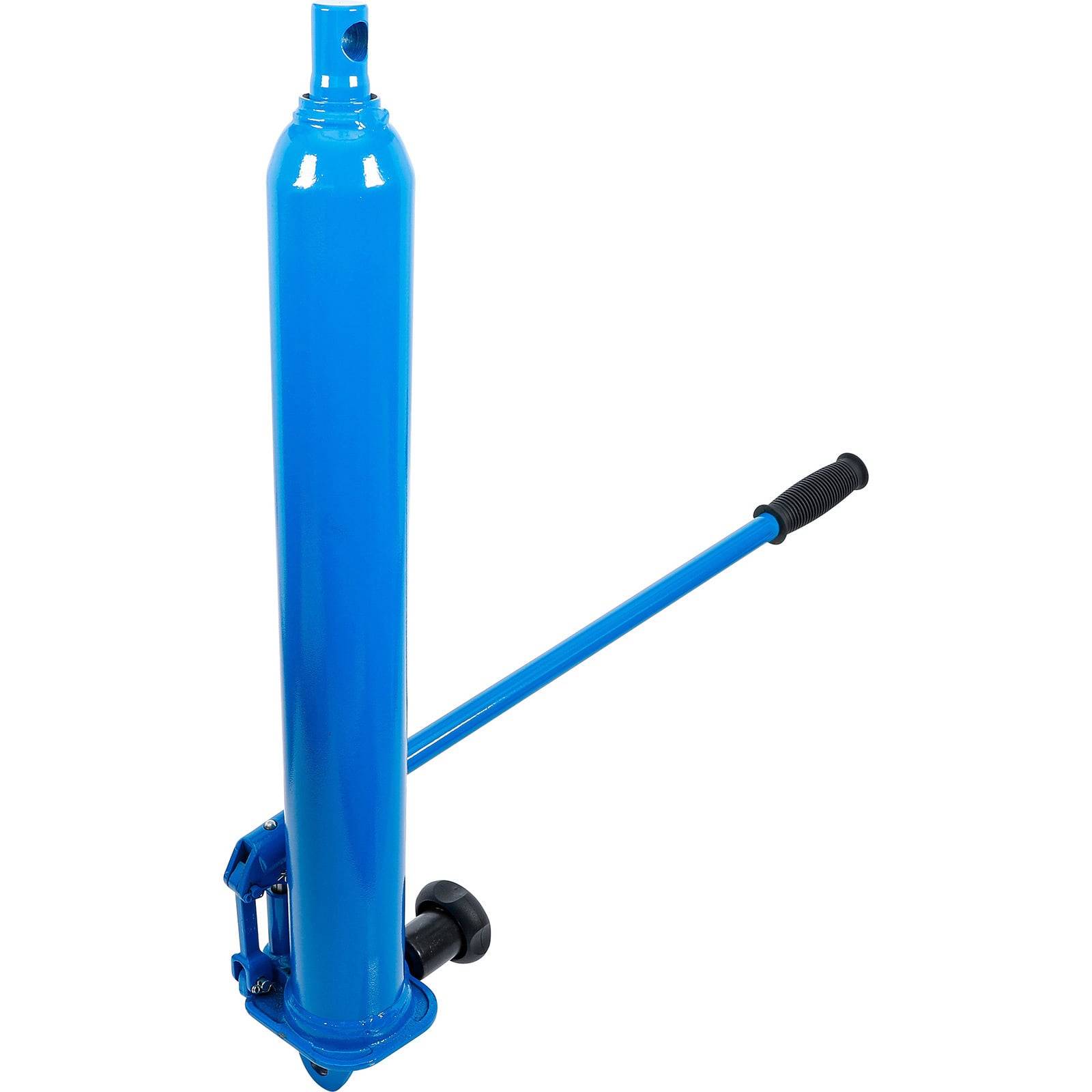 Ein blauer hydraulischer Flaschenakku mit langem Griff zum Anheben schwerer Gegenstände.