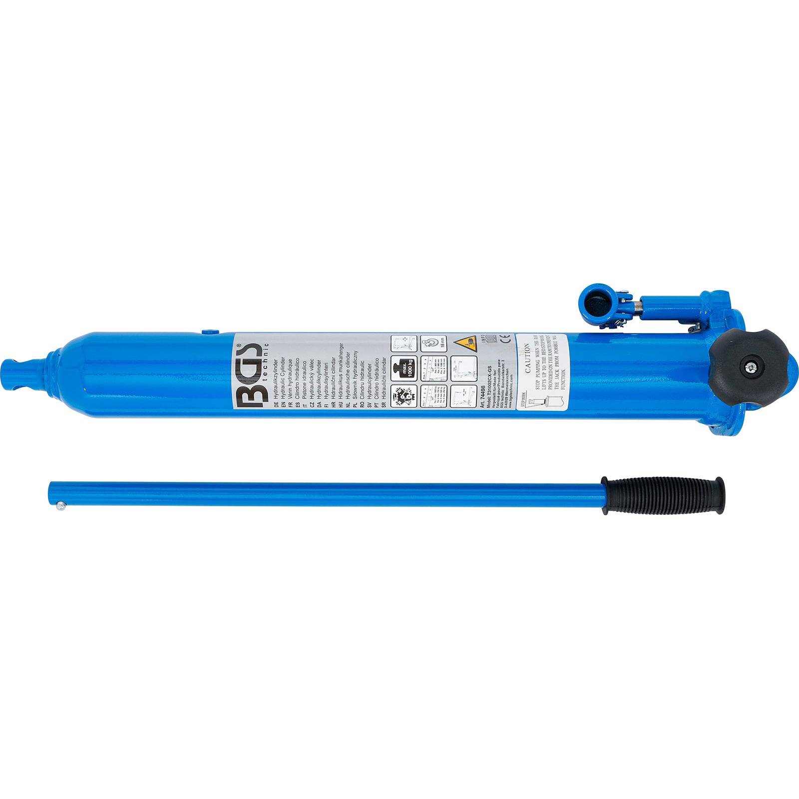 Ein blauer hydraulischer Zylinder mit einem schwarzen Griff, versehen mit einem detaillierten Etikett mit Sicherheitswarnungen und Bedienungsanweisungen.