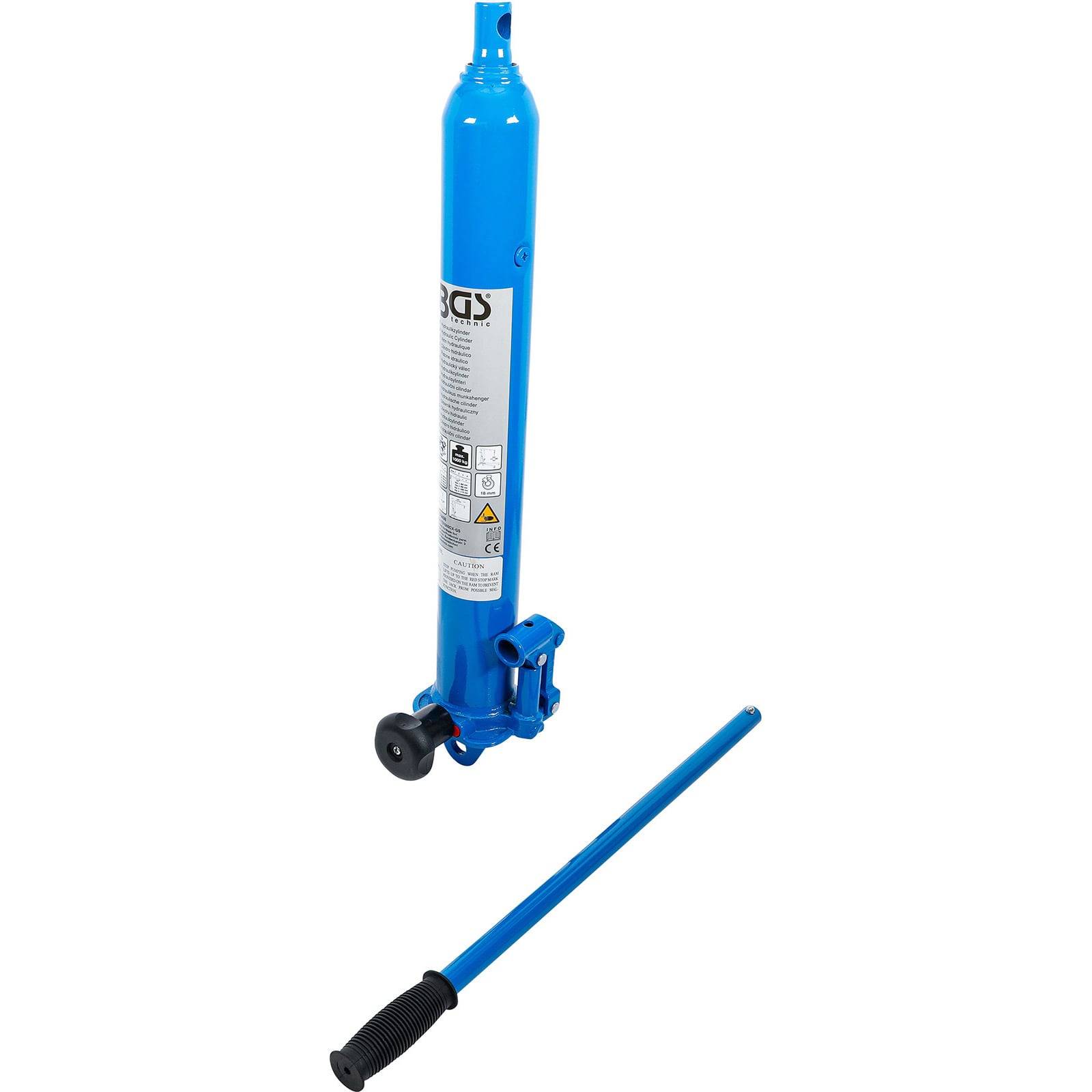 Ein blauer hydraulischer Flaschenwagenheber mit abnehmbarem Griff, der zum Anheben von Fahrzeugen entwickelt wurde. Kapazität und Sicherheitshinweise sind an der Seite sichtbar.