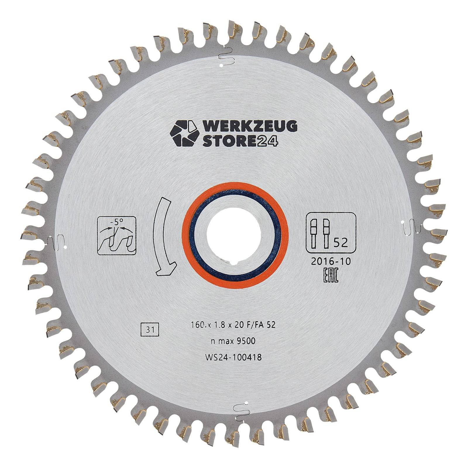 Eine Kreissägeblatt mit Markenmarkierungen und Spezifikationen, einschließlich Durchmesser, Dicke und Höchstgeschwindigkeit. Das Blatt weist einen Richtungspfeil und Sicherheitssymbole auf.