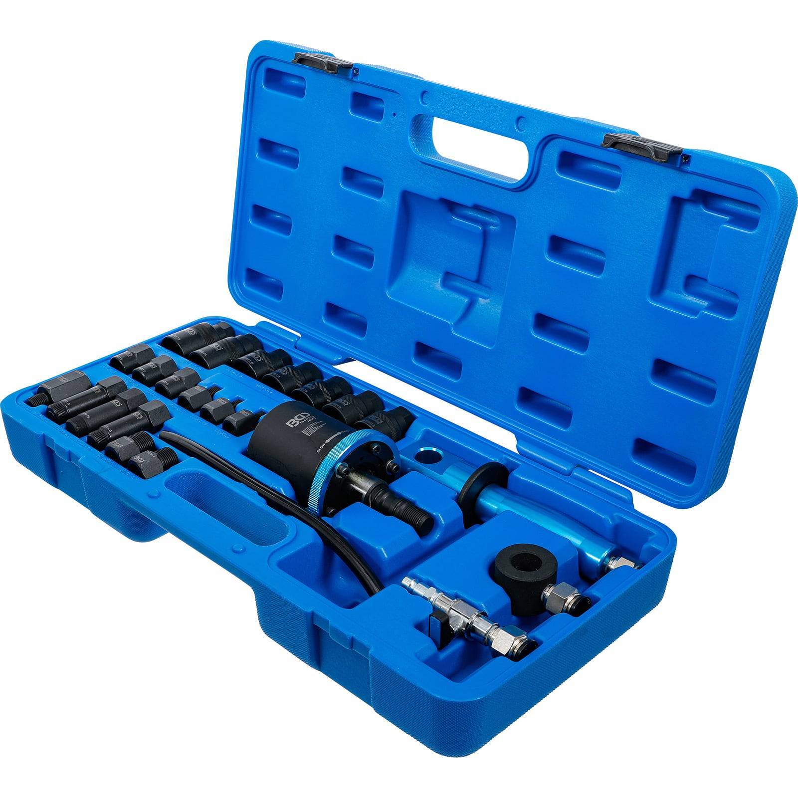 Ein blauer Kunststoffkoffer mit einem Satz Autowerkzeugen, einschließlich verschiedener Aufsätze und Adapter. Geeignet für spezialisierte mechanische Aufgaben.