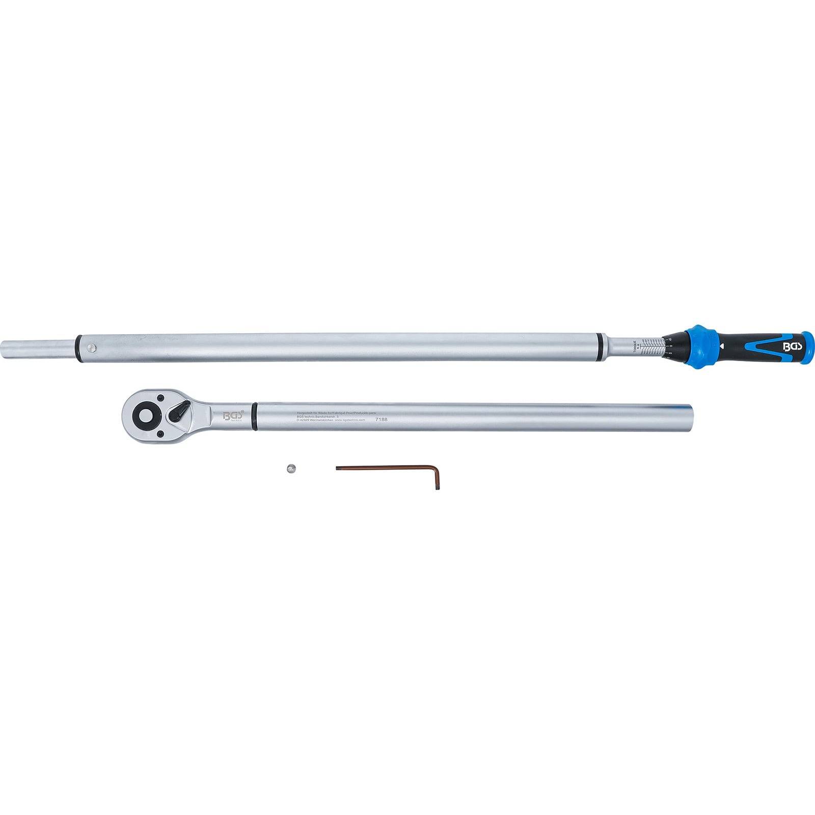 Ein Drehmomentschlüssel mit langem Griff, einem Ratschenkopf und verstellbaren Einstellungen wird von einem Inbusschlüssel für mechanische Aufgaben begleitet.