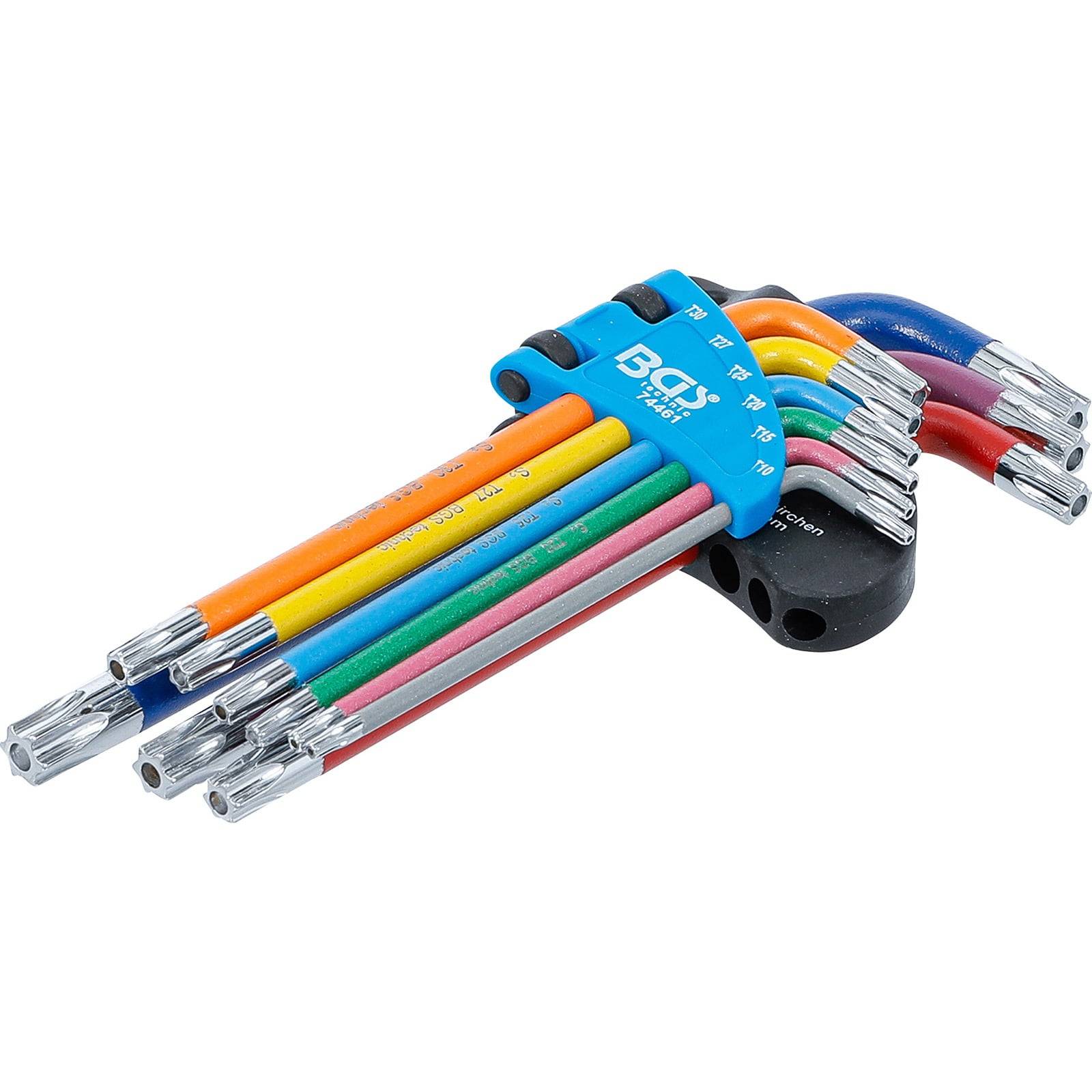 Ein Satz bunter Sechskantschlüssel in verschiedenen Größen, angeordnet in einem blauen Halter, der verschiedene leuchtende Farben zur einfachen Identifikation präsentiert.
