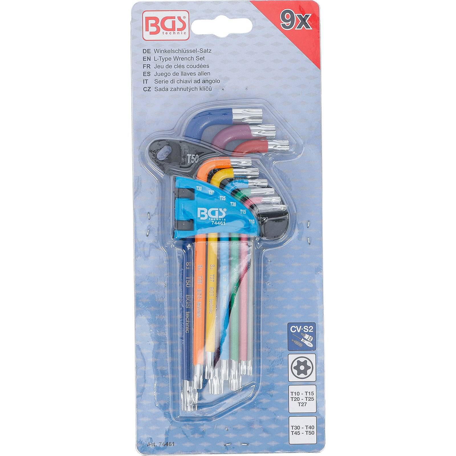 Ein Set aus neun T-förmigen Schraubenschlüsseln in verschiedenen Farben auf einer Plastikkarte, beschriftet in mehreren Sprachen.