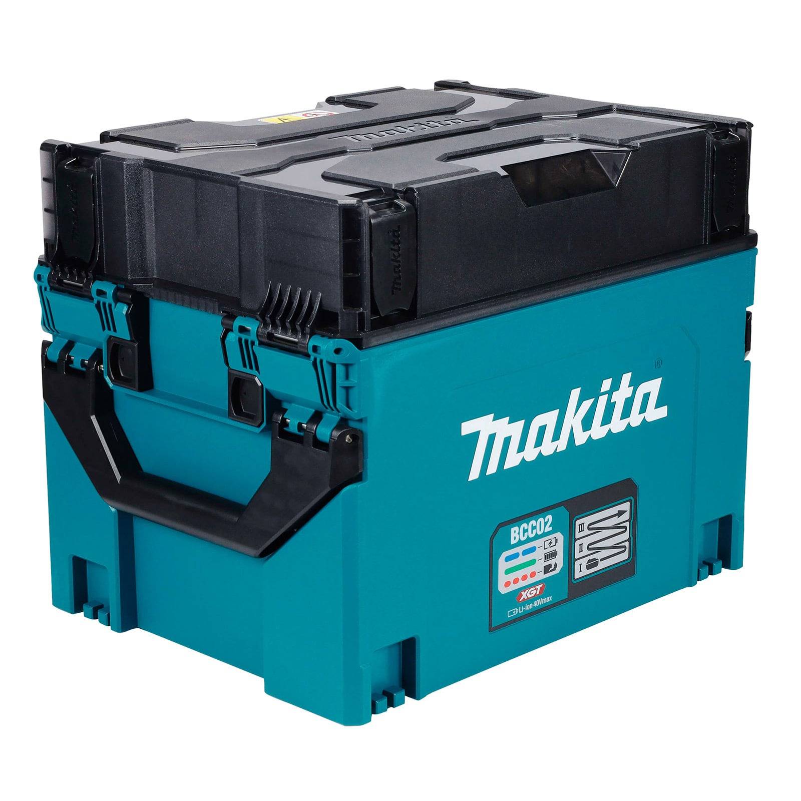 Ein blauer Makita Werkzeugkoffer mit einem schwarzen Deckel und Griff, versehen mit dem Makita-Logo in Weiß und einem Etikett mit der Modellbezeichnung BCC02.