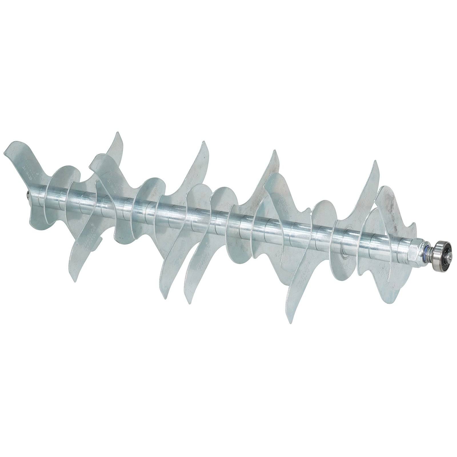 Eine Metallschnecke mit Spiralflügeln, die zum Bohren in Erde oder Eis konzipiert ist und in horizontaler Position mit einer Gewindespitze dargestellt wird.