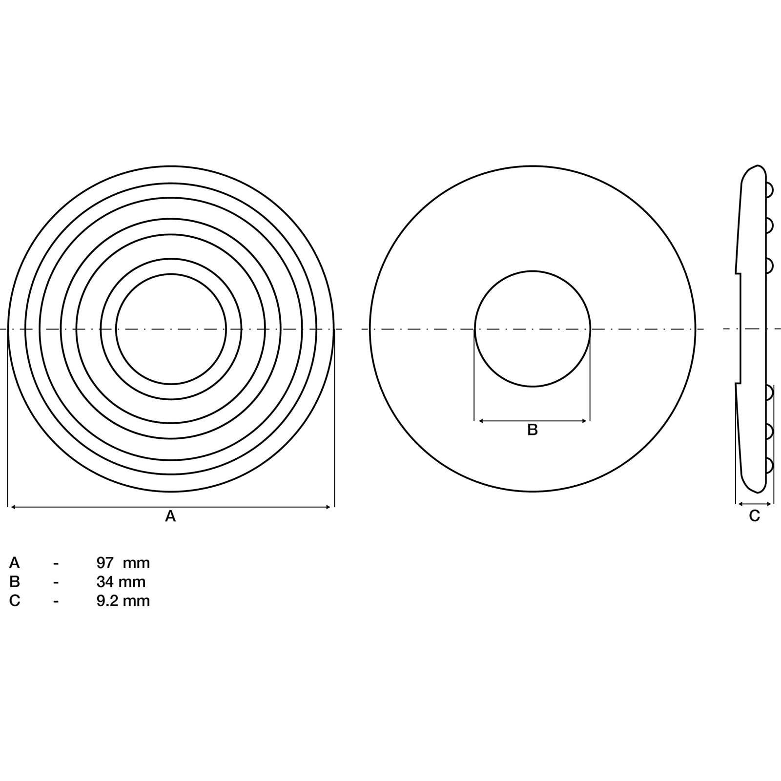 Diagramm eines kreisförmigen Objekts mit Abmessungen: A - 97 mm, B - 34 mm, C - 9,2 mm. Zeigt Drauf-, Unterseiten- und Seitenansicht mit Maßangaben.