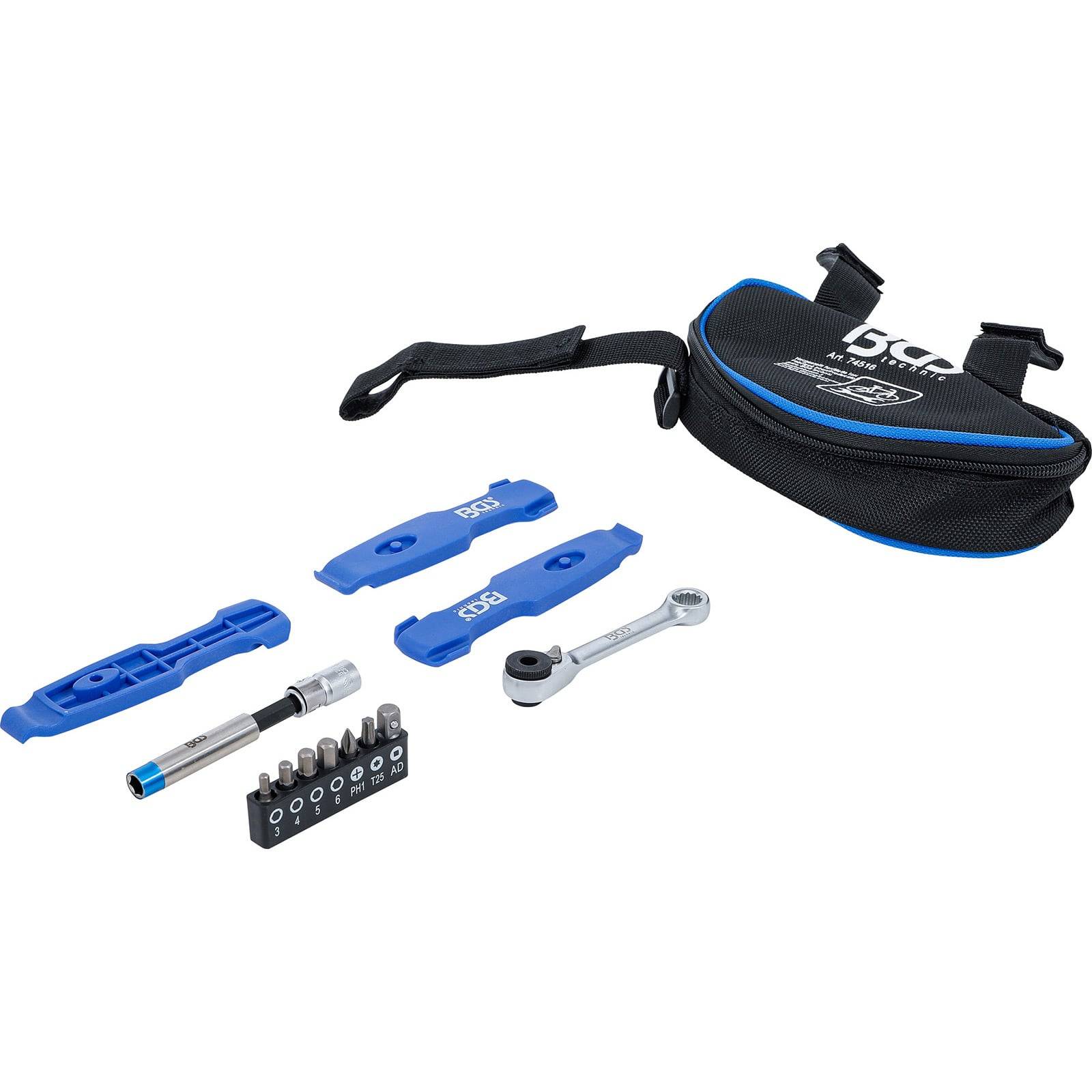 Fahrradreparatur-Werkzeugset mit Transporttasche, Reifenhebeln, Mini-Ratsche mit verschiedenen Bits und einem CO2-Inflator. Ideal für Reparaturen unterwegs.