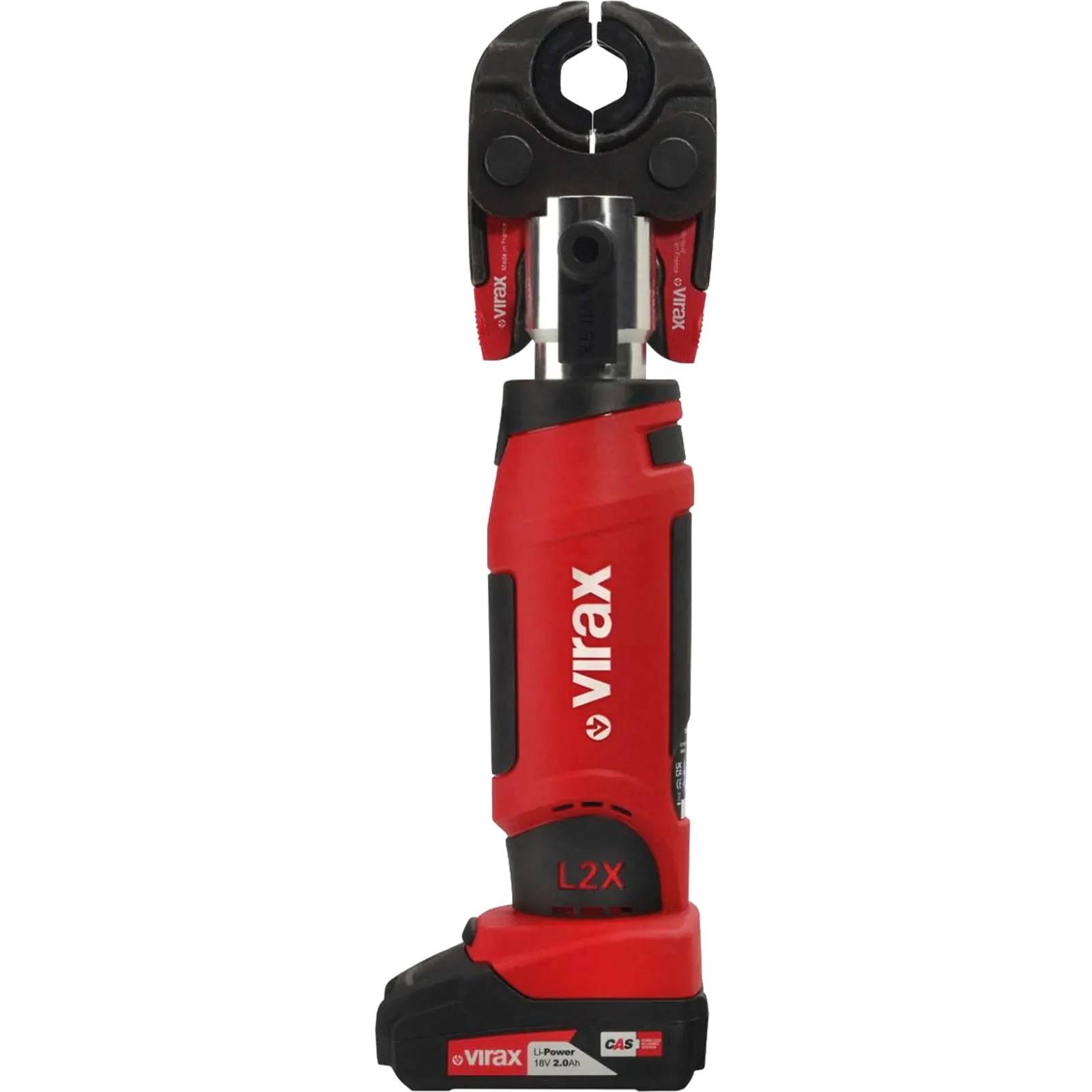 Eine rot-schwarze, tragbare hydraulische Presszange mit der Bezeichnung "Virax"".