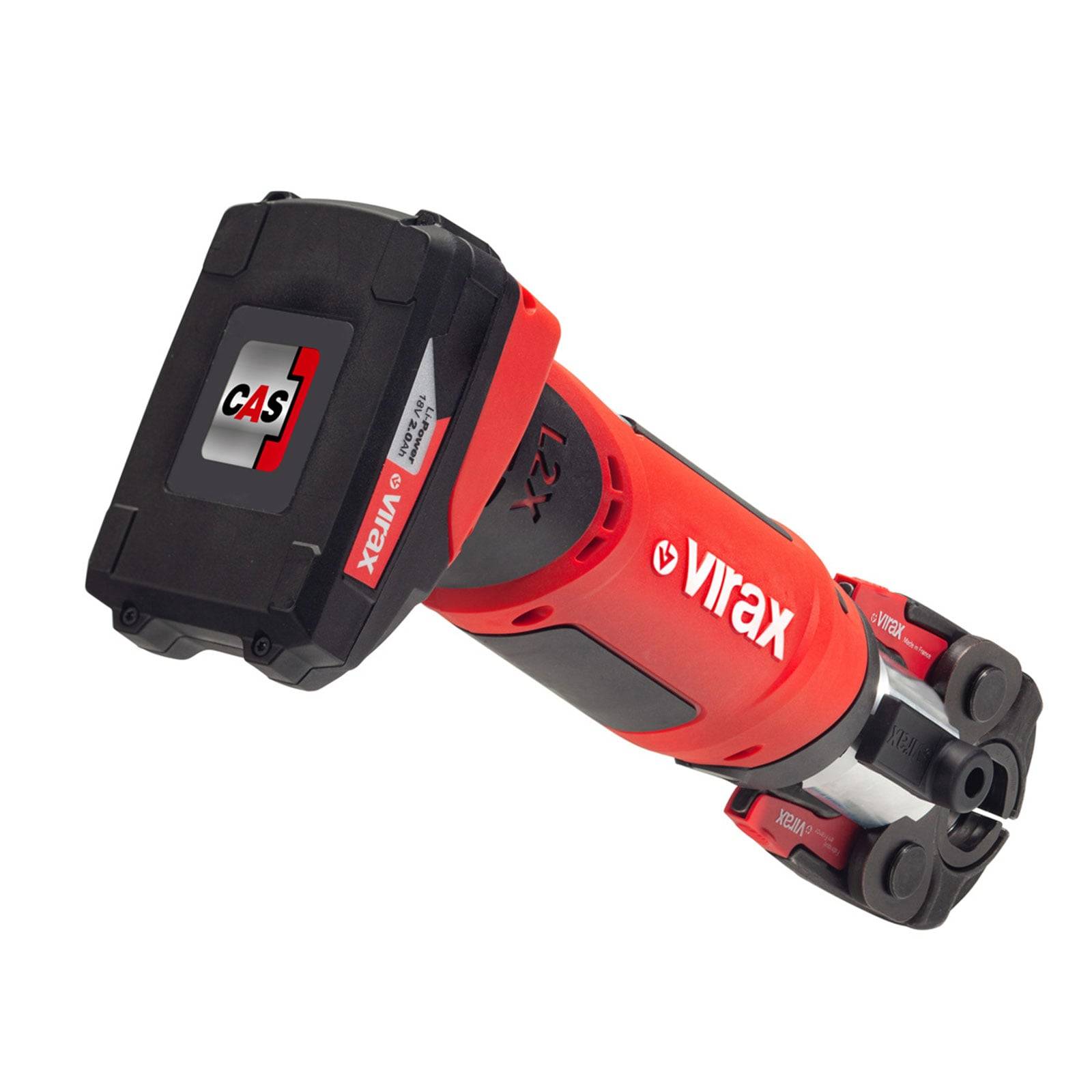 Kabellose Rot- und Schwarze Werkzeug mit Virax-Markierung, abgewinkelter Düse und CAS-Batteriesystem für Sanitär- oder mechanische Arbeiten.