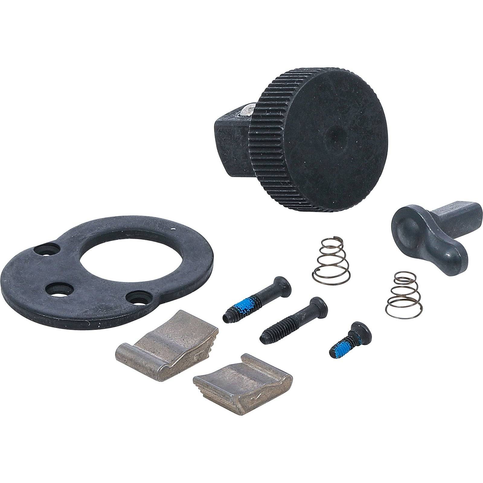 Bild eines Reparatur-Sets für Verschlüsse mit einem schwarzen Knopf, Unterlegscheiben, Schrauben, Federn und Metallteilen, verwendet zum Reparieren oder Ersetzen von Verriegelungen.