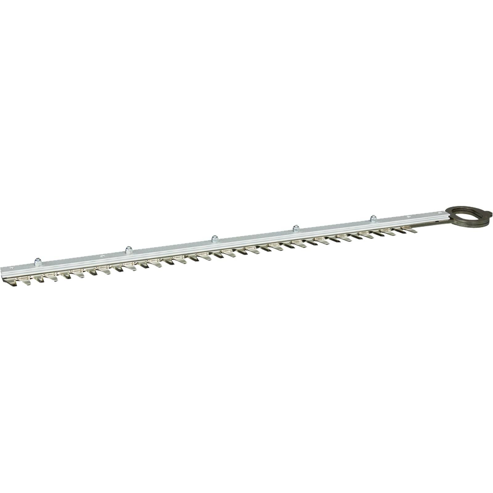 Eine lange Metallheckentrimmermesser mit mehreren Zähnen und einer Schlaufe an einem Ende.