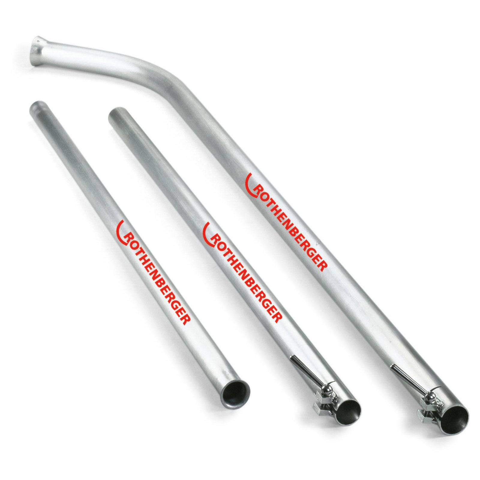 Drei Metallrohrbiegewerkzeuge unterschiedlicher Längen, mit dem Markennamen ROTHENBERGER in roter Schrift gekennzeichnet.