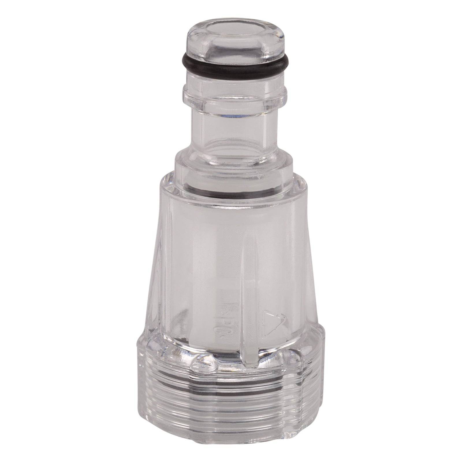 Ein transparenter, zylindrischer Wasserfilter-Anschluss mit gerippten Kanten und einem schwarzen O-Ring-Dichtungsring an der Oberseite, der für Sanitärverbindungen verwendet wird.