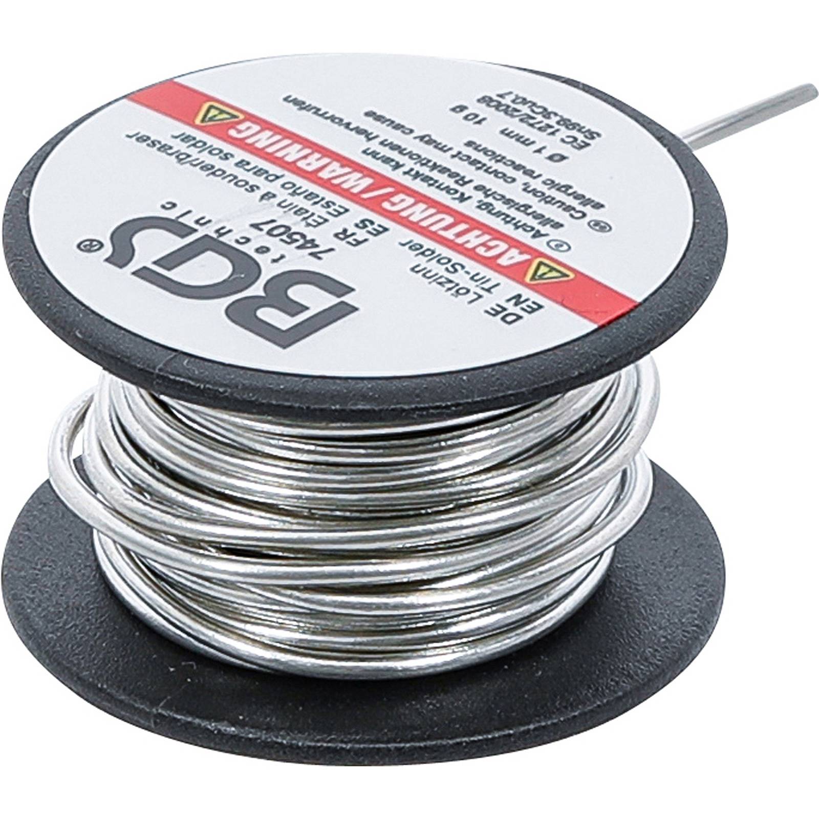 Eine Spule Lötdraht mit der Markenaufschrift 'BQT' auf dem Etikett, die darauf hinweist, dass er für Lötzwecke geeignet ist.