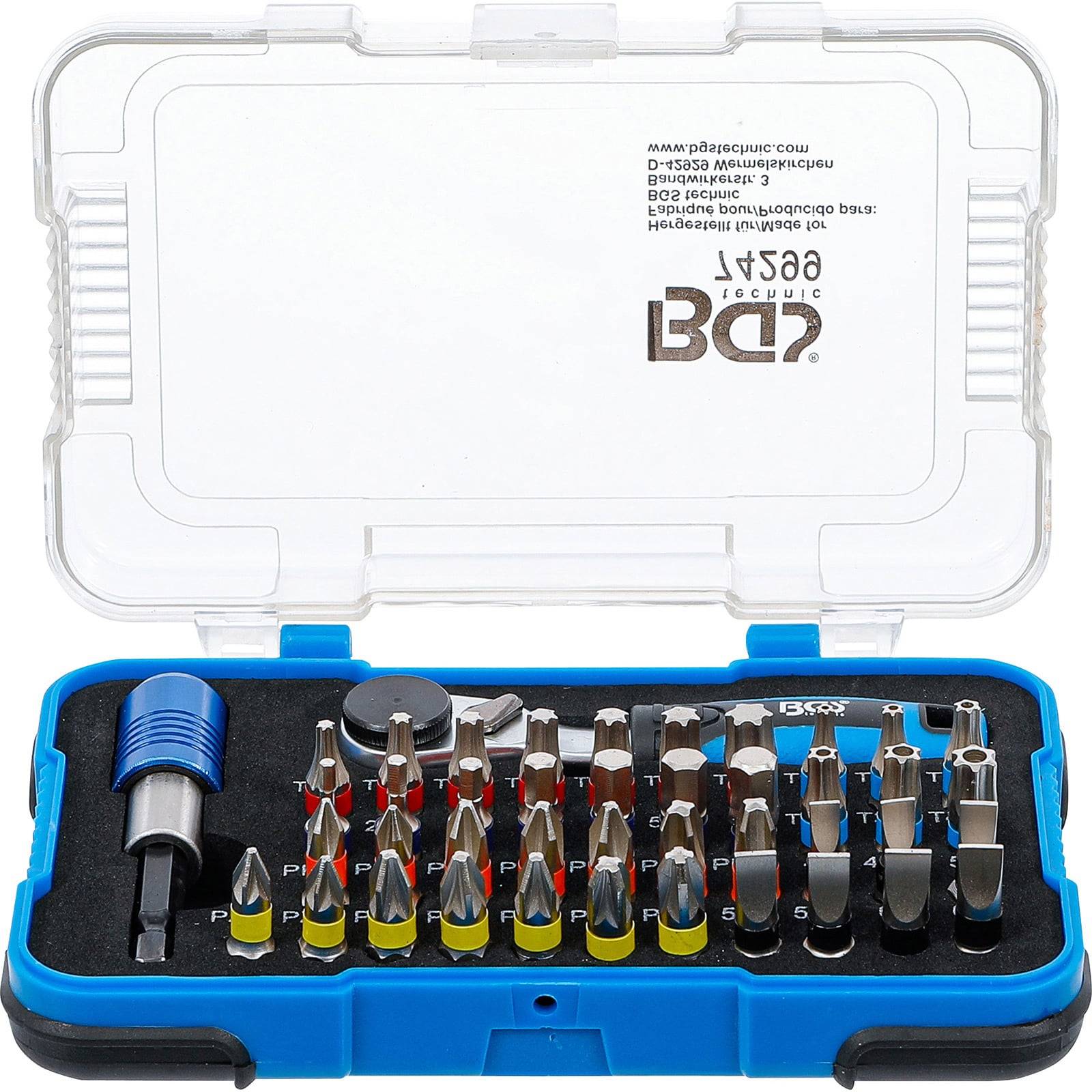 Ein Satz verschiedener Schraubendrehen-Bits und ein Halter in einem blauen Kunststoffkoffer. Die Bits sind ordentlich angeordnet und für unterschiedliche Schraubentypen konzipiert.
