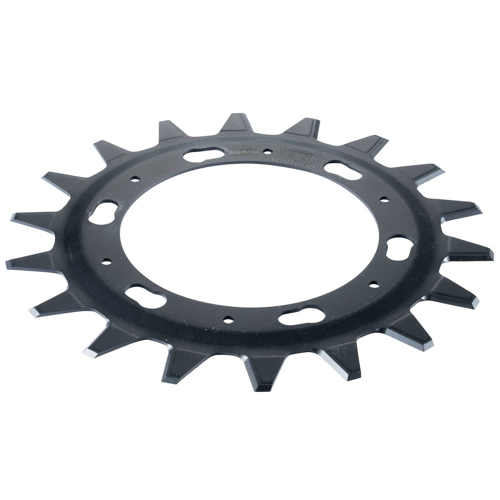 Ein schwarzes, kreisförmiges Metallkettenrad mit gezackten Zähnen am Rand, das üblicherweise in Maschinen verwendet wird, um Bewegung durch Eingriff mit einer Kette zu übertragen.