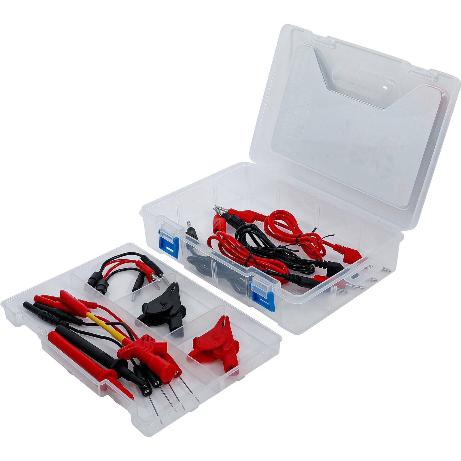 Ein Set aus roten und schwarzen Multimeter-Messleitung und Zubehör in einem offenen Plastikkoffer, das verschiedene Klemmen und Anschlüsse übersichtlich angeordnet zeigt.