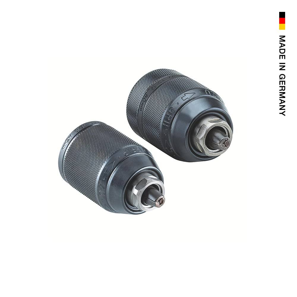 Zwei schwarze Metallbohrfutter auf weißem Hintergrund, mit der Aufschrift „MADE IN GERMANY