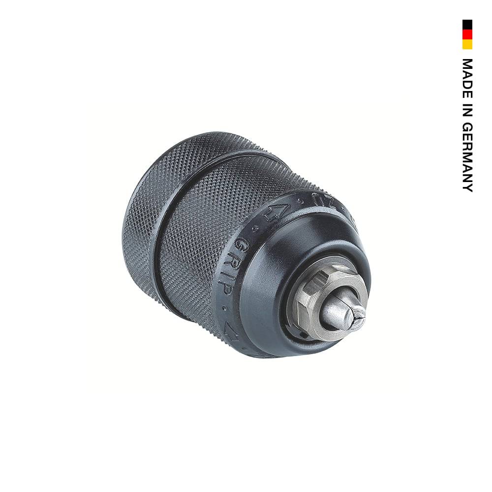 Bohrfutter ohne Schlüssel mit strukturierter Metalloberfläche und Präzisionsspitze. Kleine deutsche Flagge oben rechts, Text lautet „Made in Germany