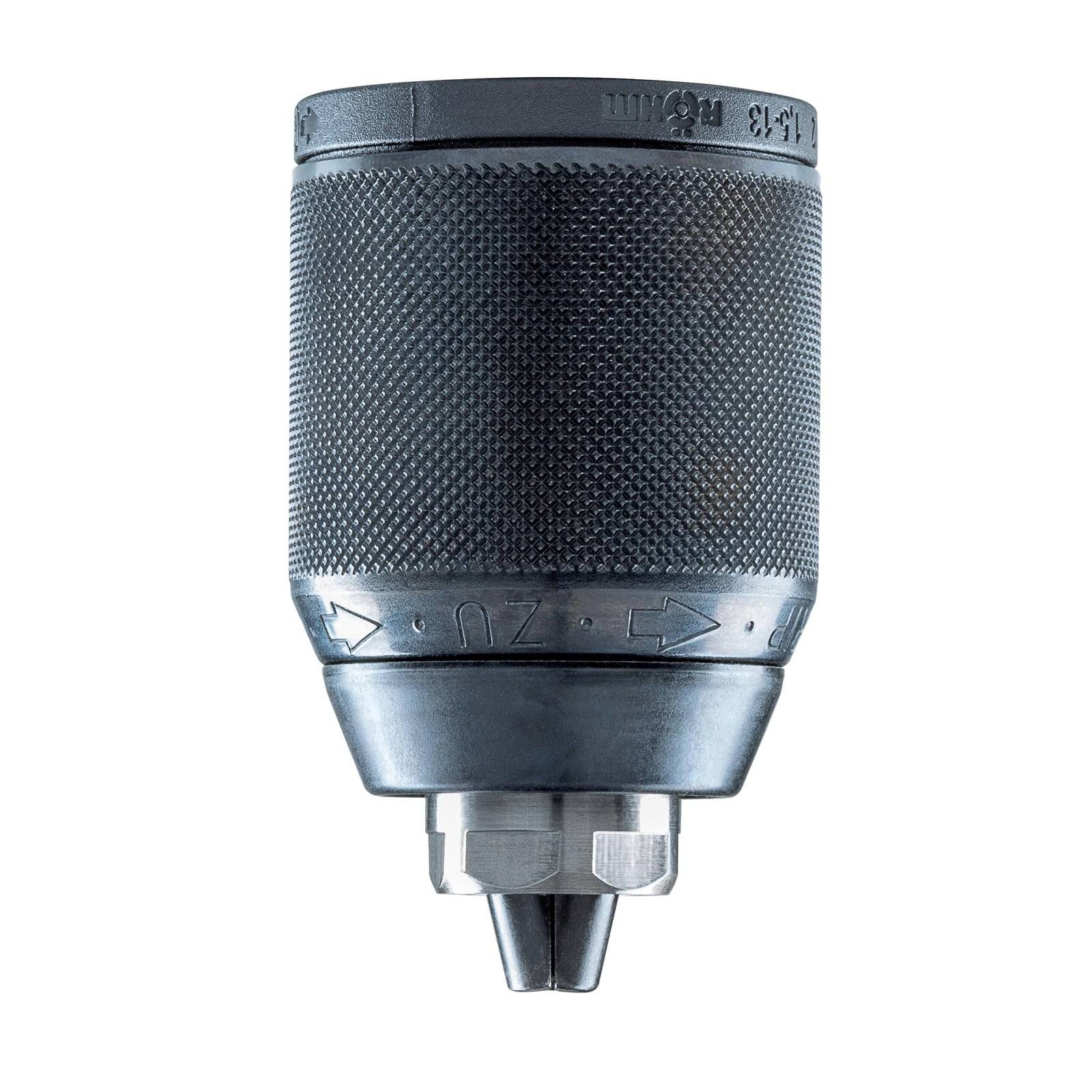 Ein Metallbohrfutter mit strukturierter Griffläche und Metallbacken, das zum Fixieren von Bohrern in einer Elektrobohrmaschine verwendet wird.