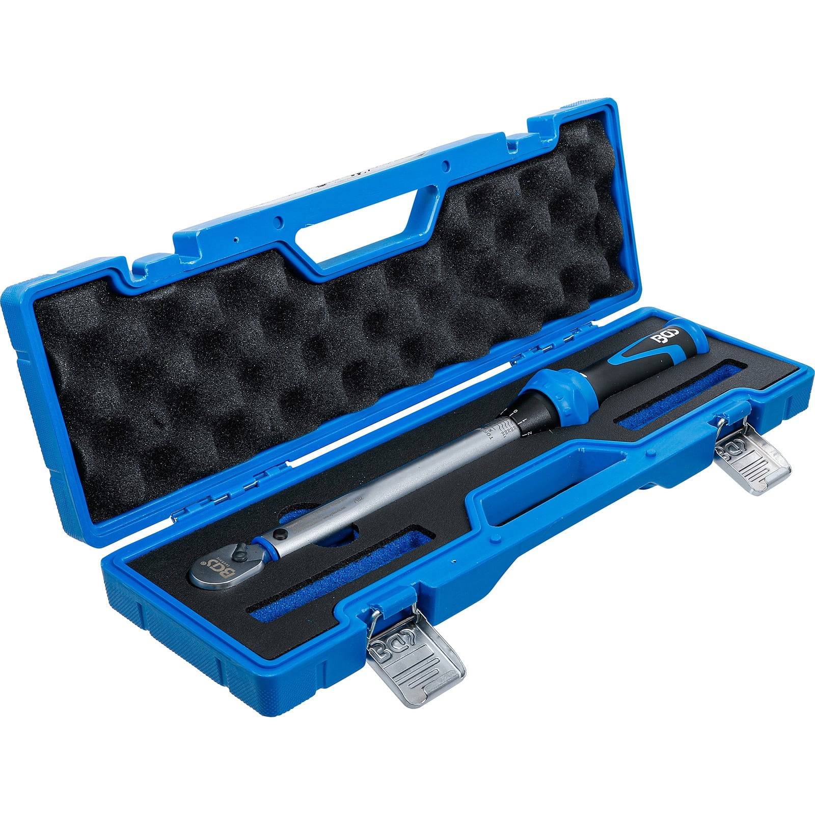 Eine blaue Transporttasche mit einem Drehmomentschlüssel im Inneren, ausgestattet mit einem schwarzen Griff und einer silbernen Welle. Die Tasche verfügt über sichere Verschlüsse und Schaumstoffpolsterung.