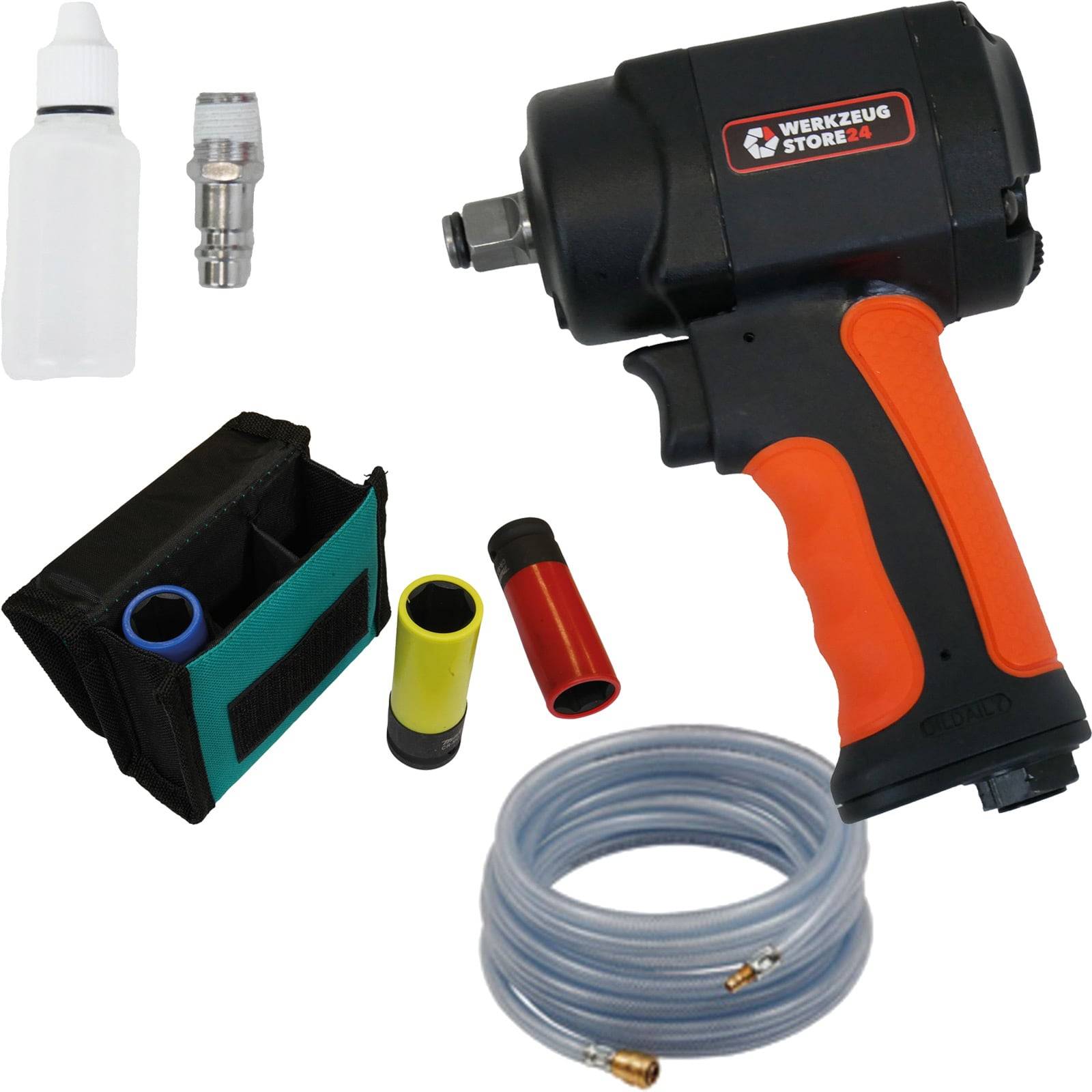 Druckluft-Schlagschrauber-Set mit schwarzer und orangefarbener Schlagschrauber, Socketadaptern, Spiralschlauch, Schmiermittelflasche und Werkzeugtasche.