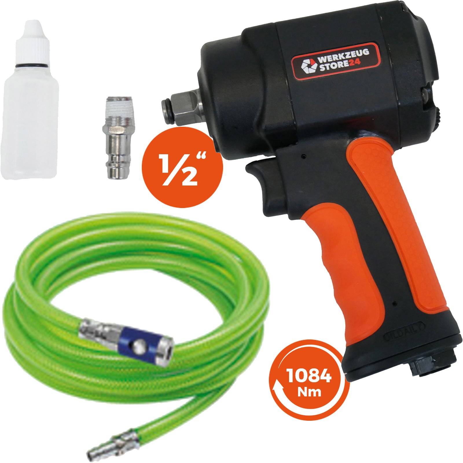 Druckluft-Schlagschrauber-Set mit grünem Schlauch, Ölflasche, Verbinder und Schrauber mit orangefarbenem Griff. Drehmoment: 1084 Nm; Größe: 1/2 Zoll.