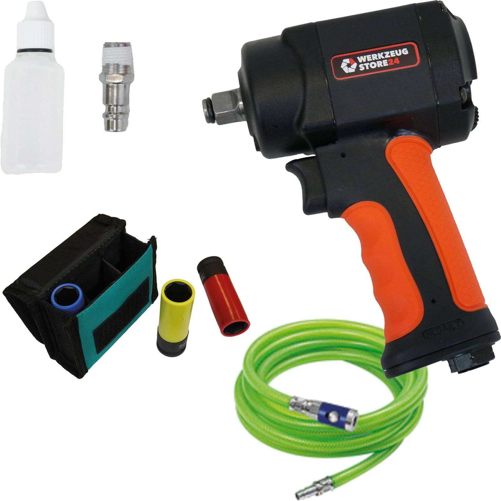 Druckluft-Schlagschrauber mit orangefarbenem und schwarzem Griff, begleitet von einem grünen Schlauch, verschiedenen Anschlüssen, einer kleinen Werkzeugtasche und einer weißen Ölflasche.