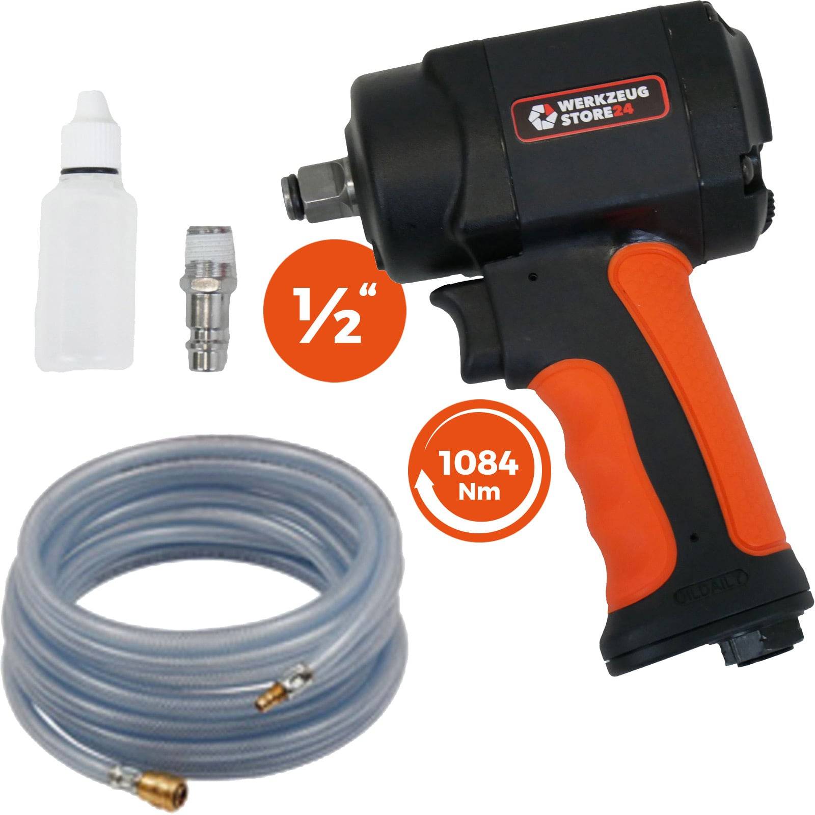 Ein schwarzer und orangefarbener pneumatischer Schlagschrauber-Satz mit Zubehör, der eine Flasche, einen Anschluss, einen Schlauch und eine Beschriftung mit „1/2