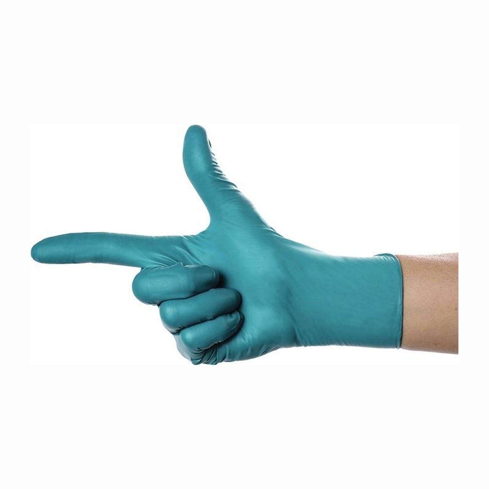 Eine Hand mit einem medizinischen Handschuh, die nach links zeigt, vor einem weißen Hintergrund.