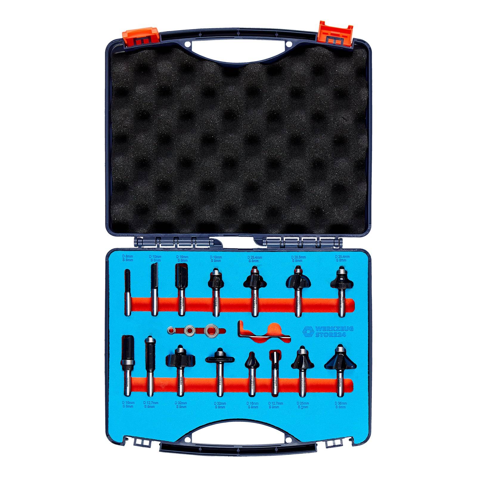 Ein Werkzeugsatz in einem blauen Schaumstoffkoffer, der verschiedene rote und schwarze Sechskantbits und Griffe enthält, die in zwei Reihen mit spezifischen Abmessungen angeordnet sind.