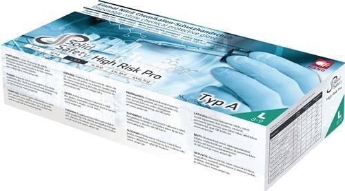 Karton mit blauen Nitrilhandschuhen, Typ A, mit chemischen und Labordarstellungen, versehen mit Informationen zu latexfreiem und strapazierfähigem Material.