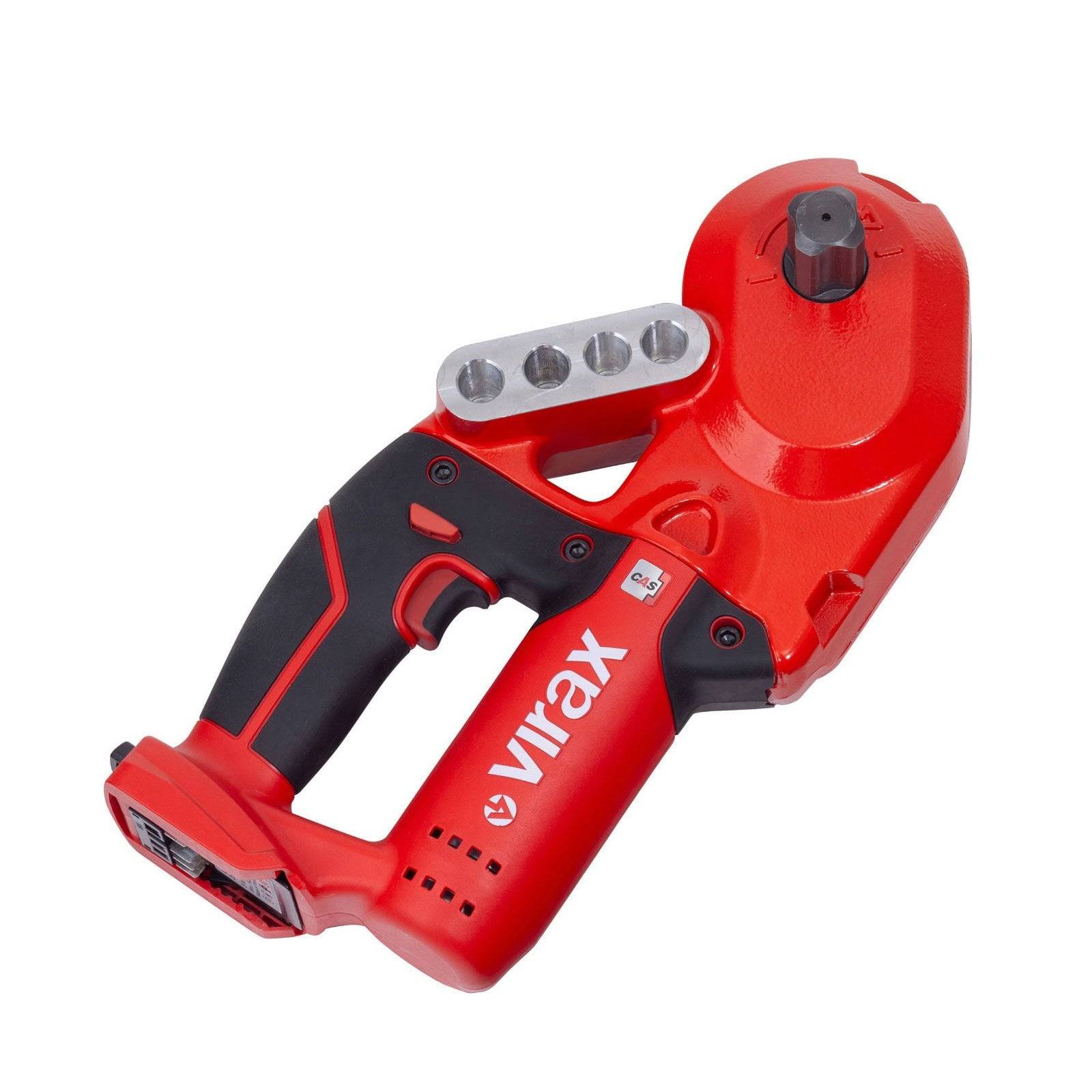 Ein rot-schwarzes Handwerkzeug mit Griffhalterung und einer kreisförmigen Schneidvorrichtung. Es scheint von einem Akku angetrieben zu werden, um Rohre zu schneiden.