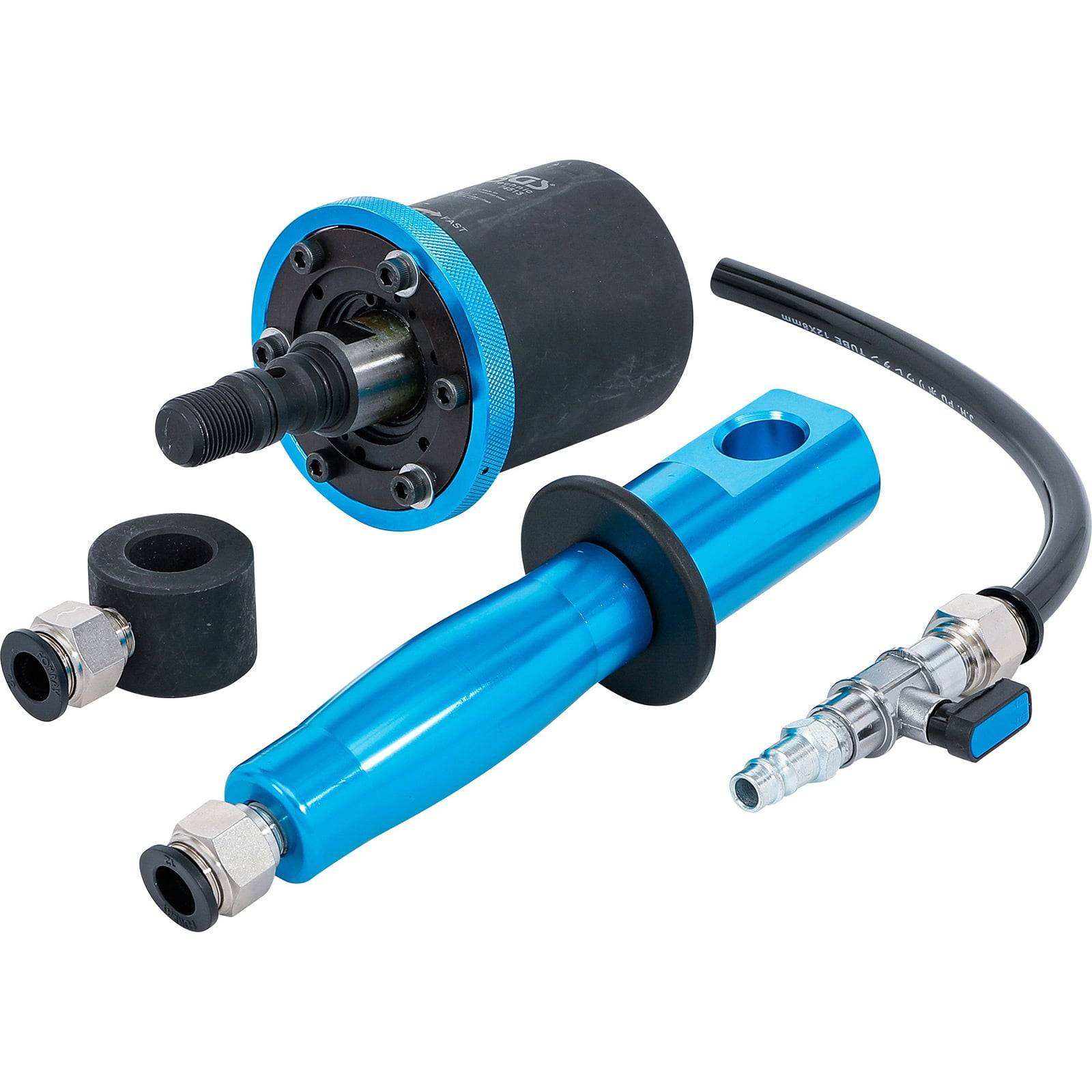 Manueller hydraulischer Schlauchcrimpter mit blauen und schwarzen Komponenten, einschließlich Schlauchanschlüssen und einem flexiblen Schlauch, verwendet für Crimpaufgaben.